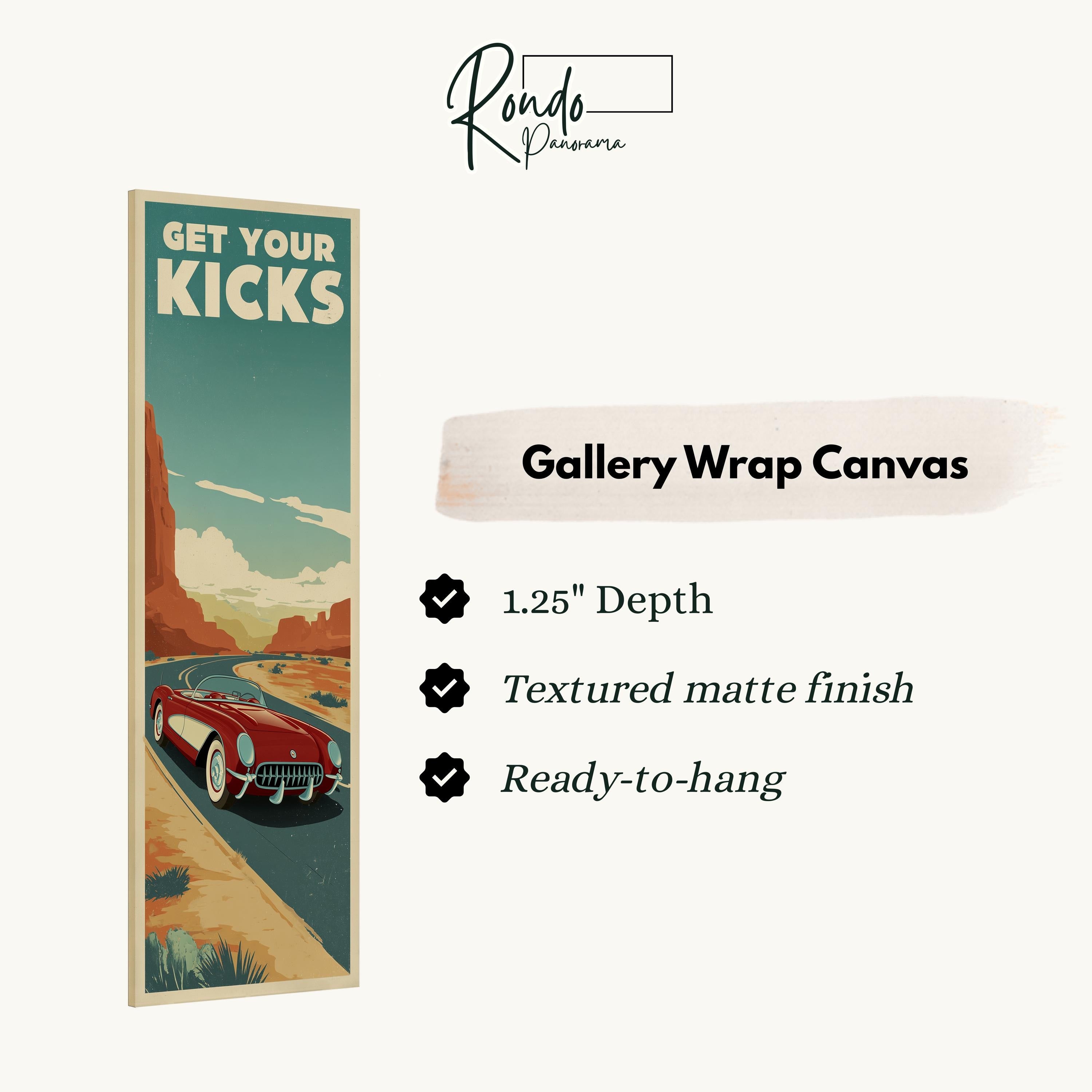 The image is a gallery wrap canvas featuring a vintage-style illustration of a red car on a road.
