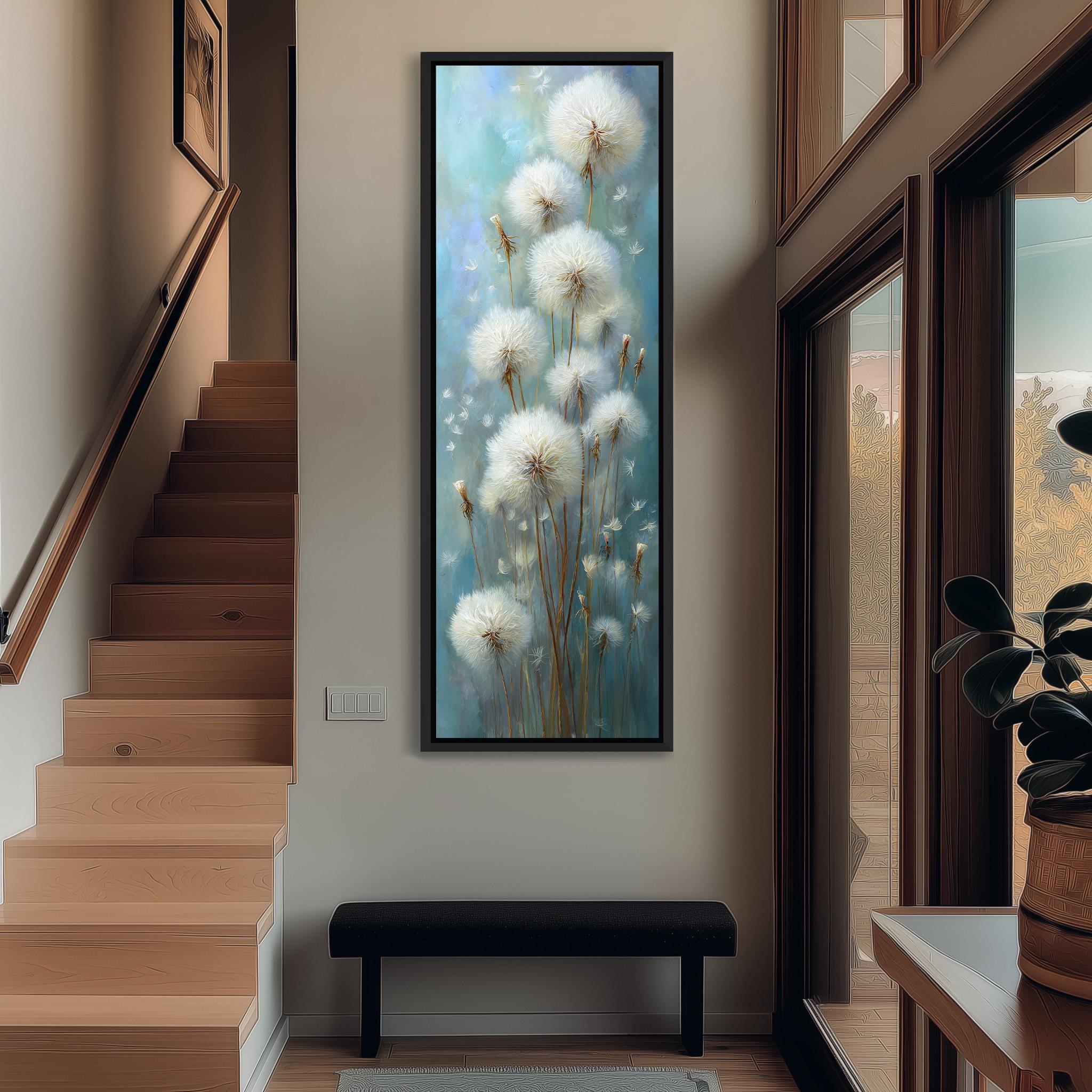 a large painting of dandelions hanging on the wall of a hallway.