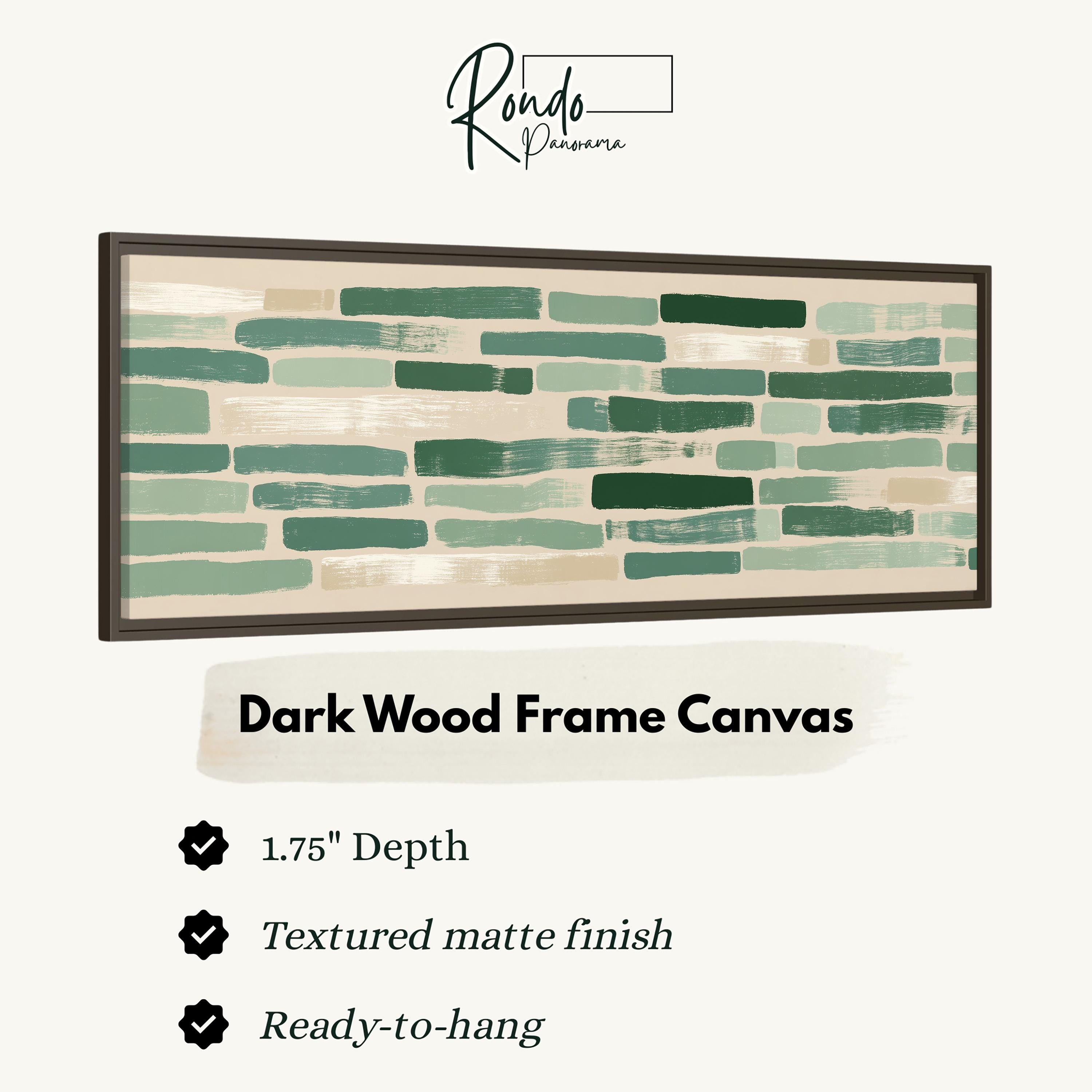 The image is a product description for a dark wood frame canvas. It features a 1.75" depth, a textured matte finish, and is ready-to-hang.