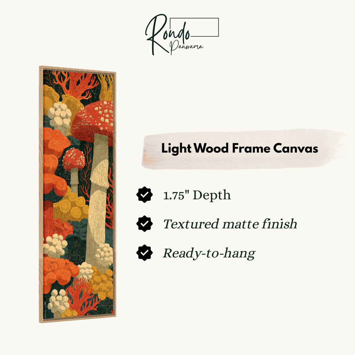 Woodcut style mushroom forest canvas print in a light wood floating frame