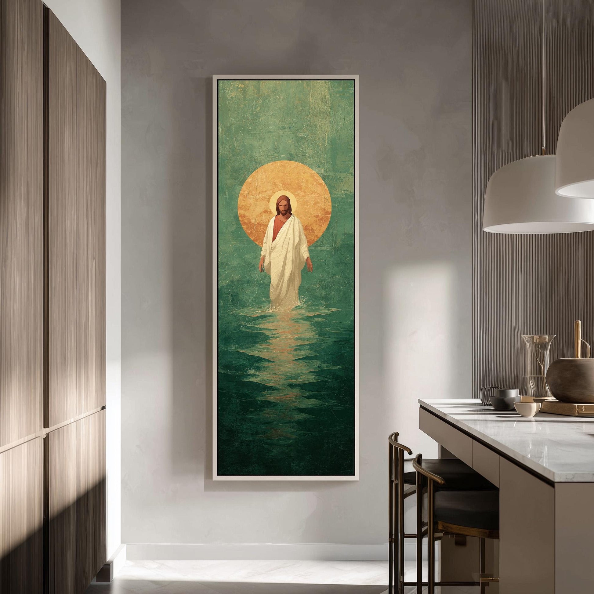 a large painting of Jesus Christ in the water, hanging on a wall in a modern kitchen.