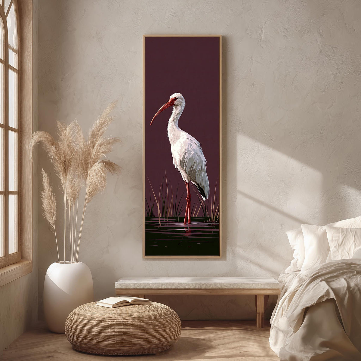 White ibis on a plum background long vertical canvas print in a bright reading corner