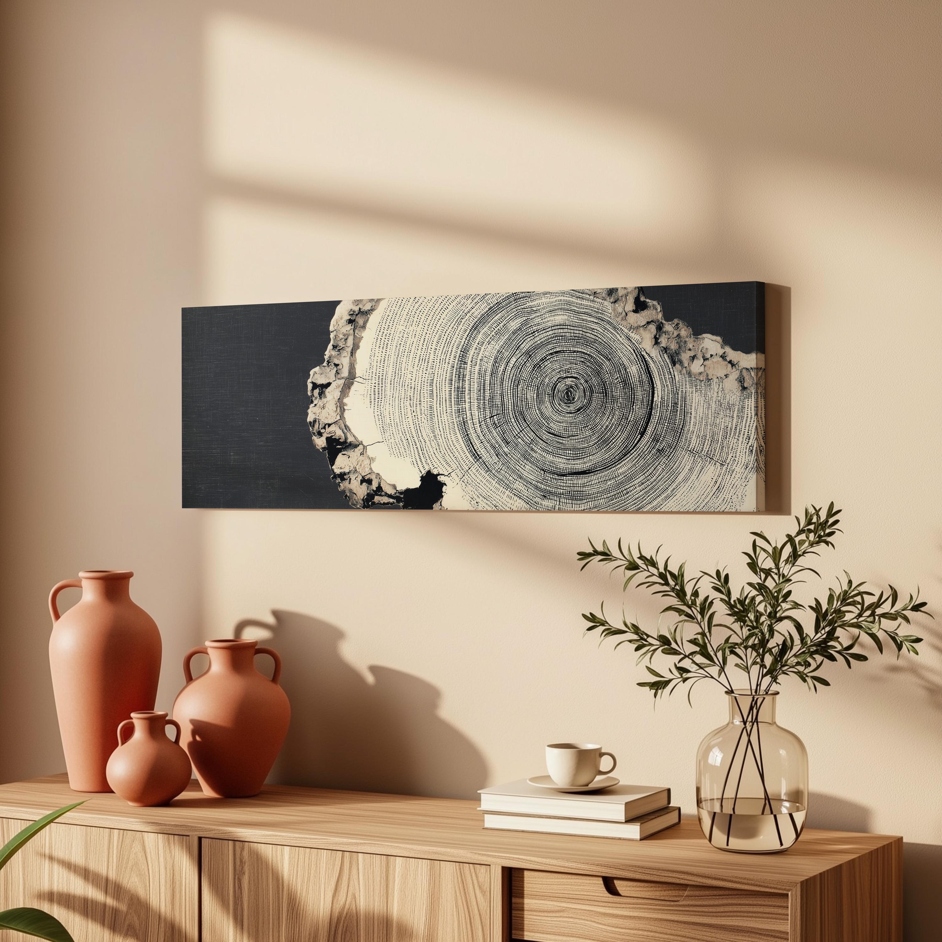 a wooden cabinet with a vase, a coffee cup, and a stack of books on top. Above the cabinet, there is a framed artwork depicting a tree trunk with concentric circles.