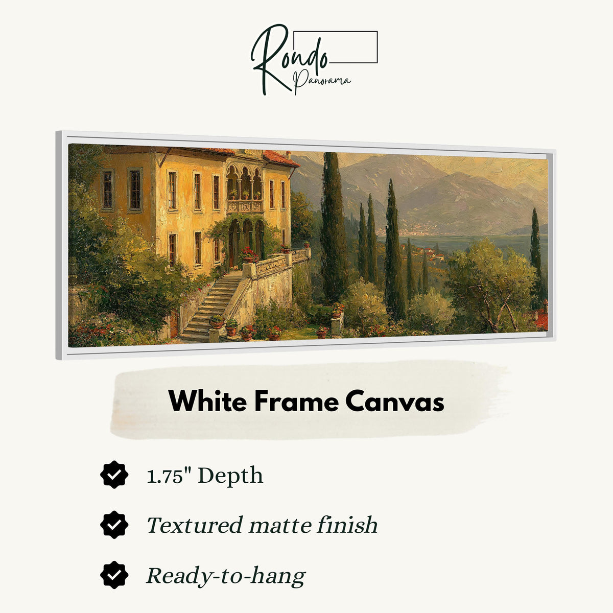 Tuscan villa among cypress hills canvas print in a white floating frame