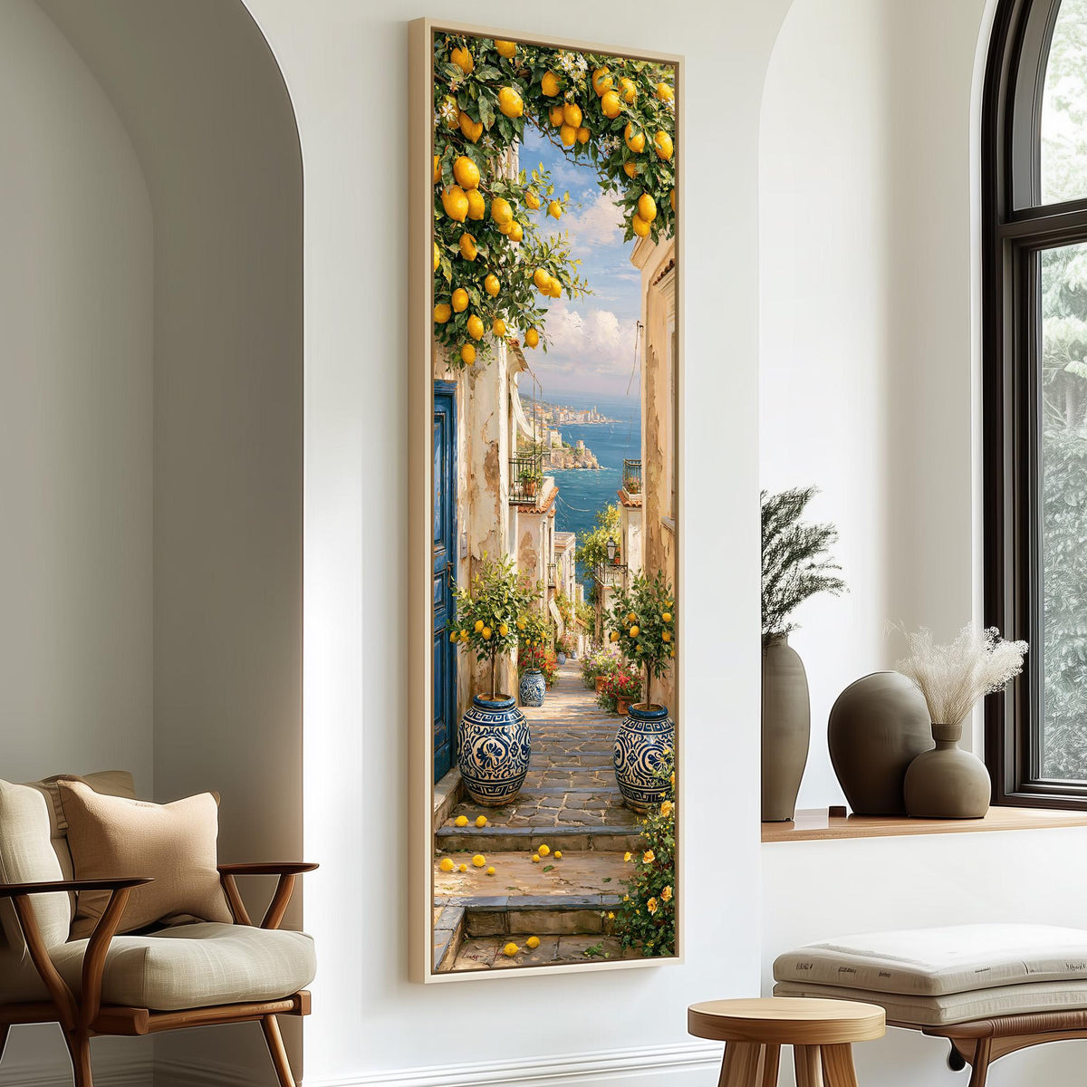 Lemon tree alley leading to the sea tall skinny canvas print in a sunlit living space