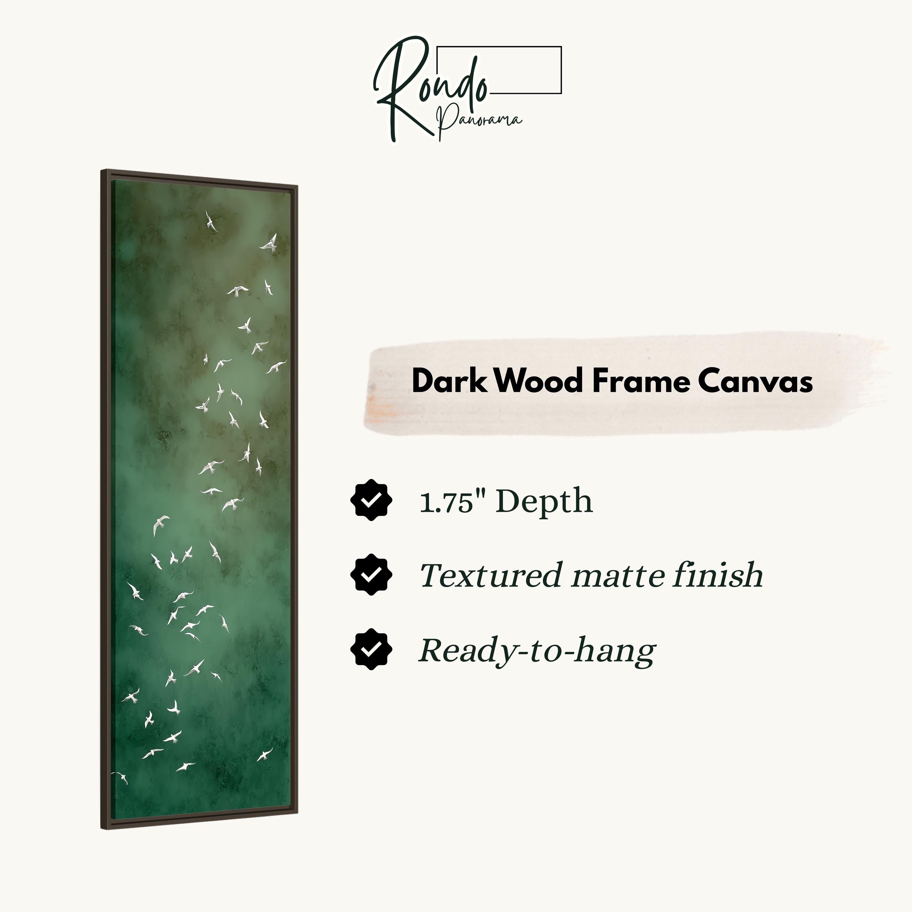 The image is a dark wood frame canvas featuring a flock of white birds against a green background.