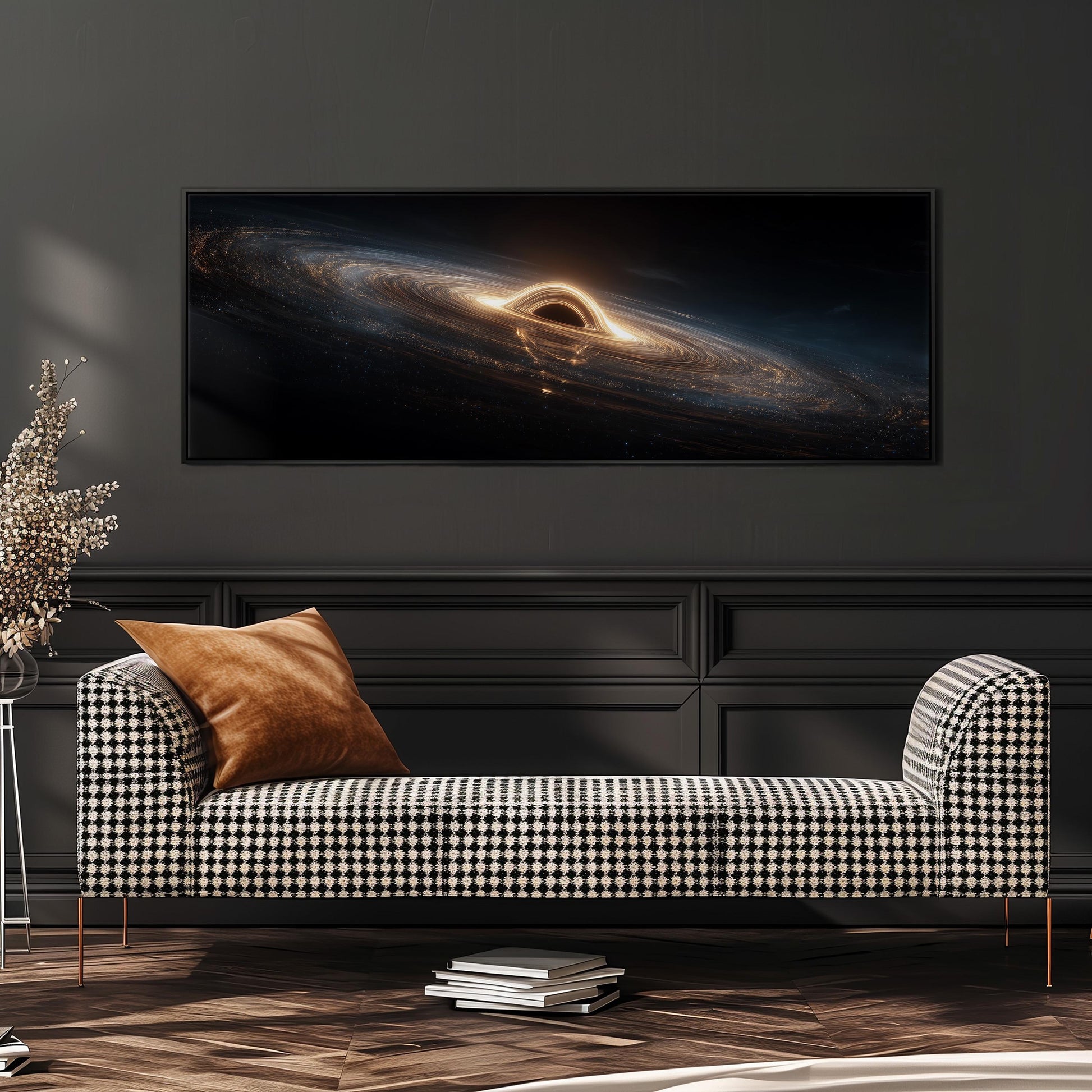 a large black and white checkered sofa with a brown throw pillow, positioned in front of a wall with a framed artwork depicting a black hole.