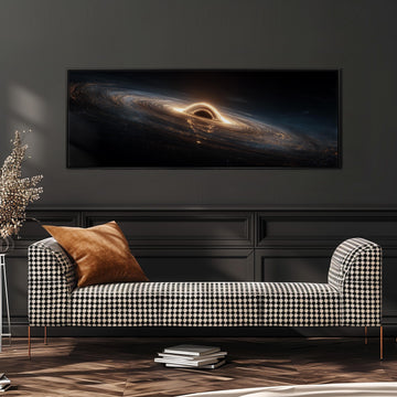 a large black and white checkered sofa with a brown throw pillow, positioned in front of a wall with a framed artwork depicting a black hole.