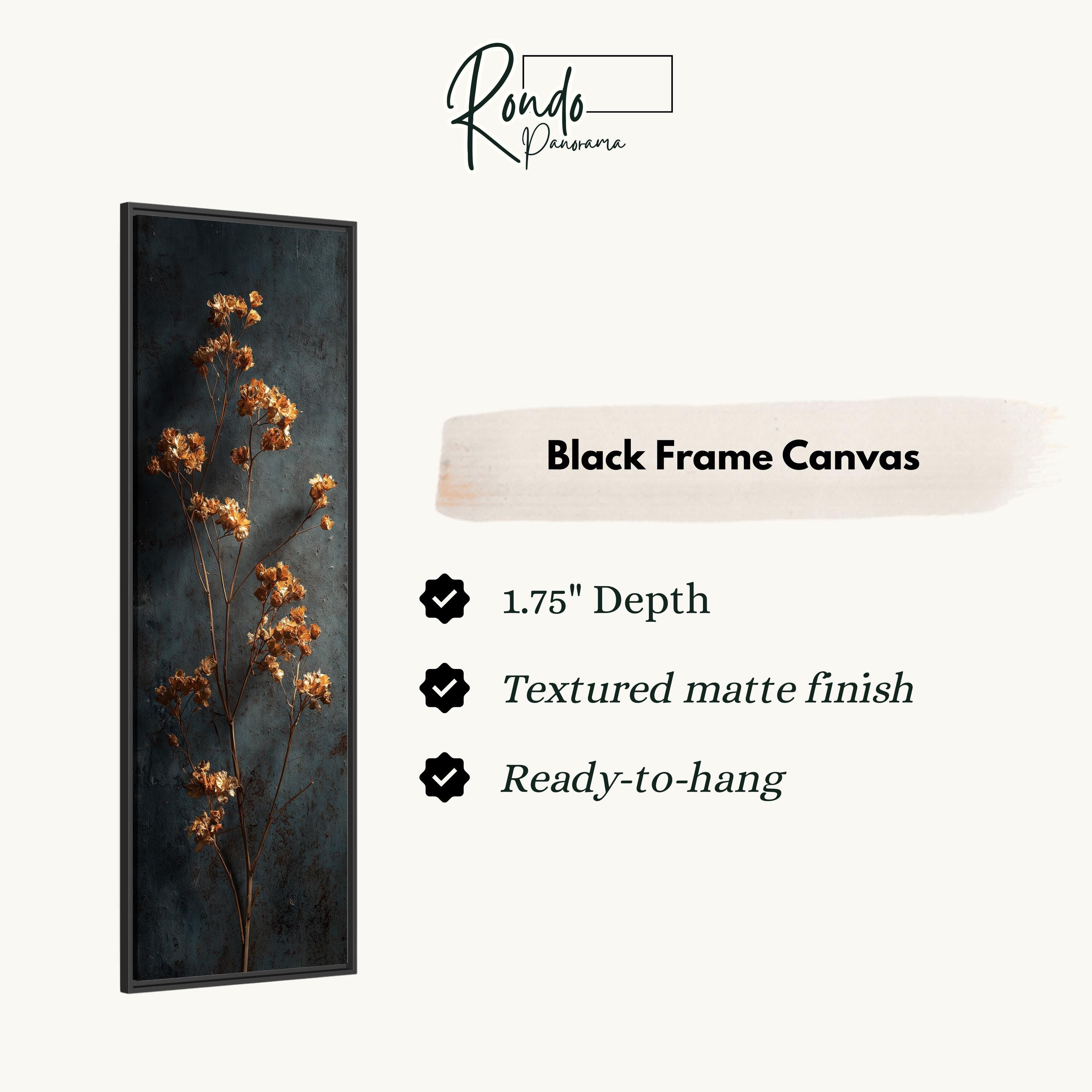 The image is a black frame canvas with a close-up of a plant with orange flowers.