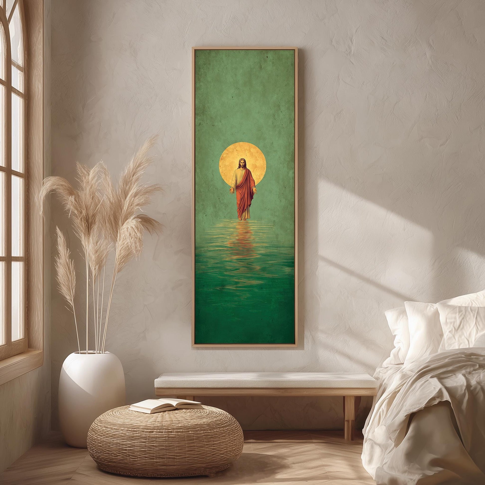 a large painting of Jesus Christ walking on water, hanging on a wall in a room with a window and a white bed.