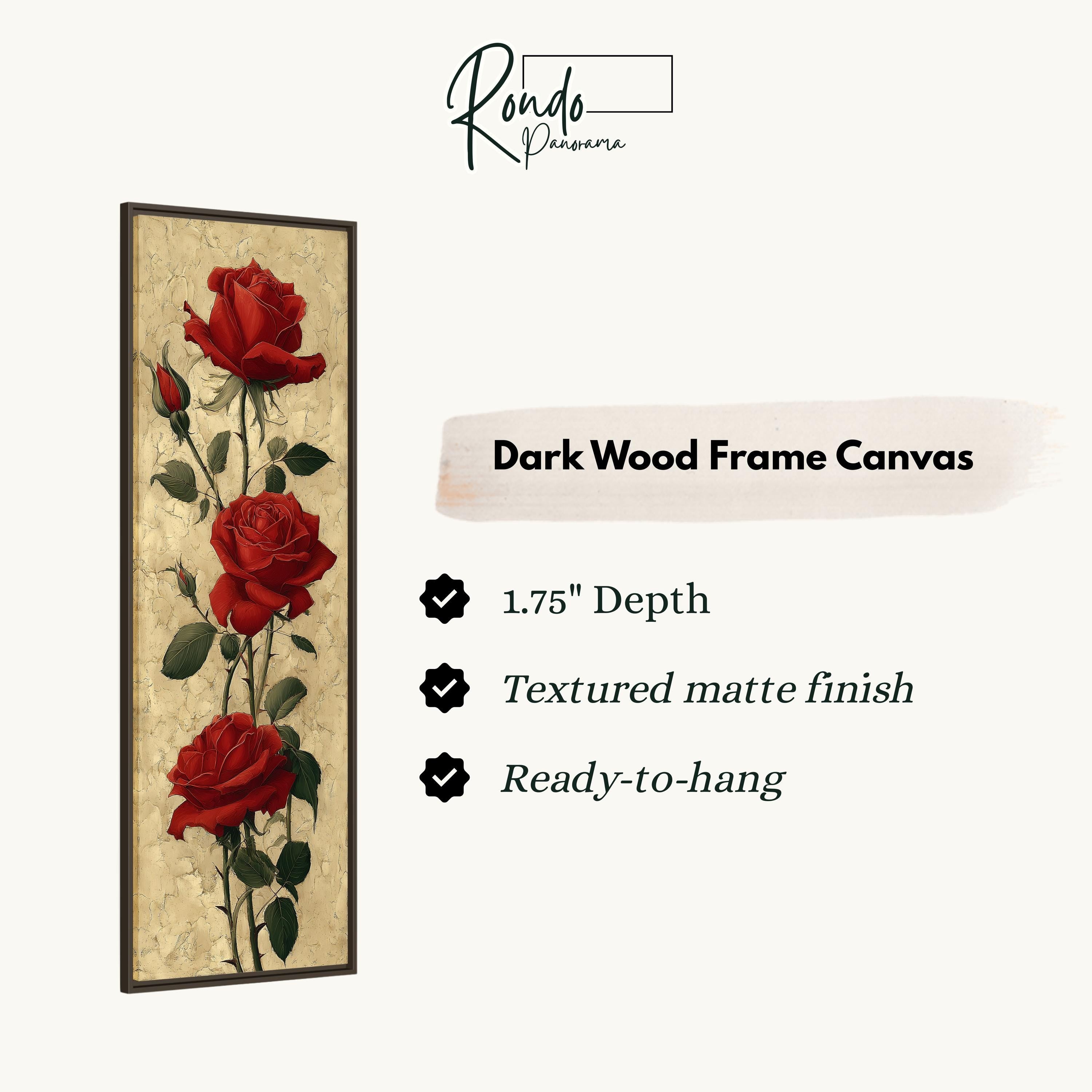 The image is a rectangular dark wood frame canvas featuring a painting of three red roses.