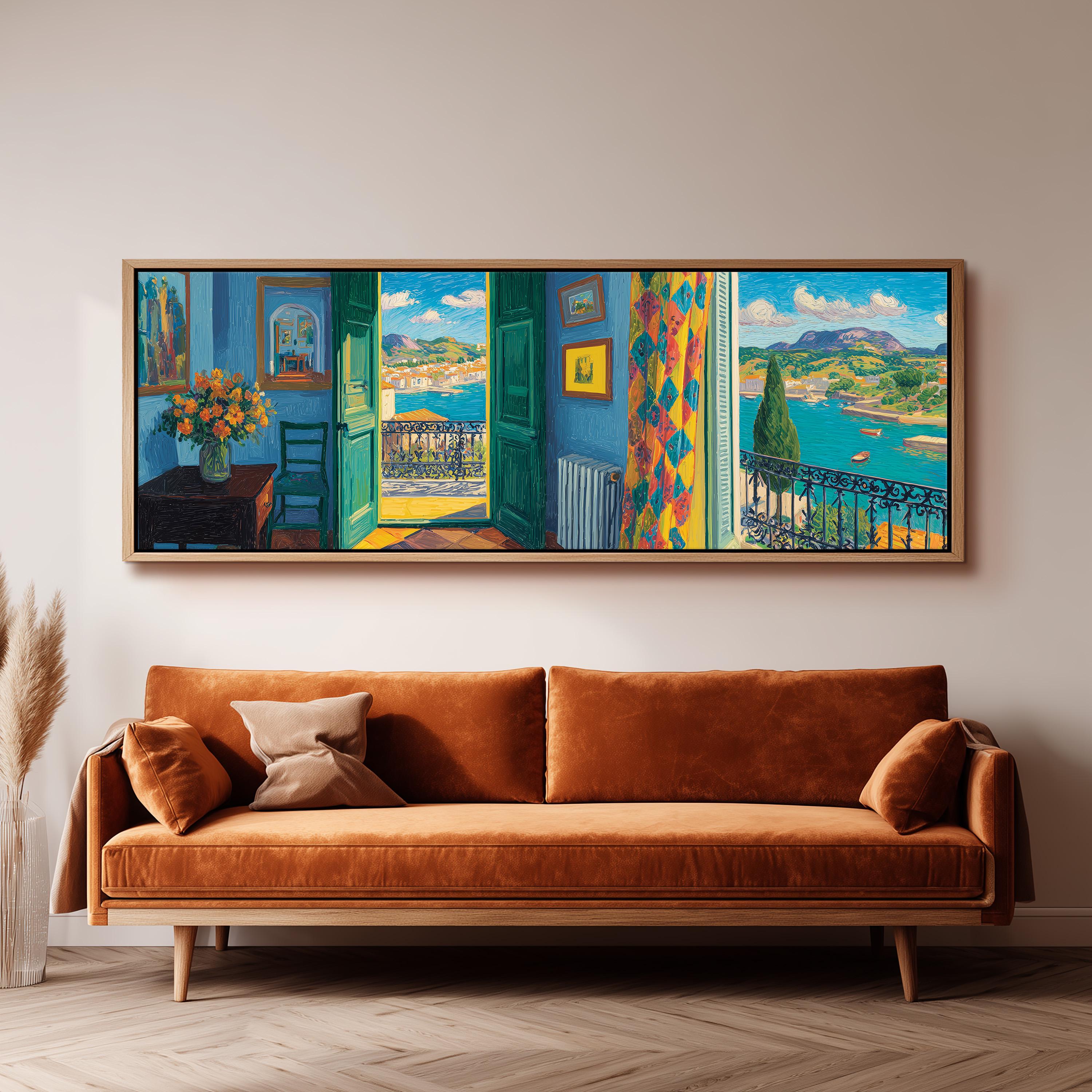 a large, colorful painting of a room with a balcony overlooking a scenic landscape, hanging on a wall above a brown sofa.