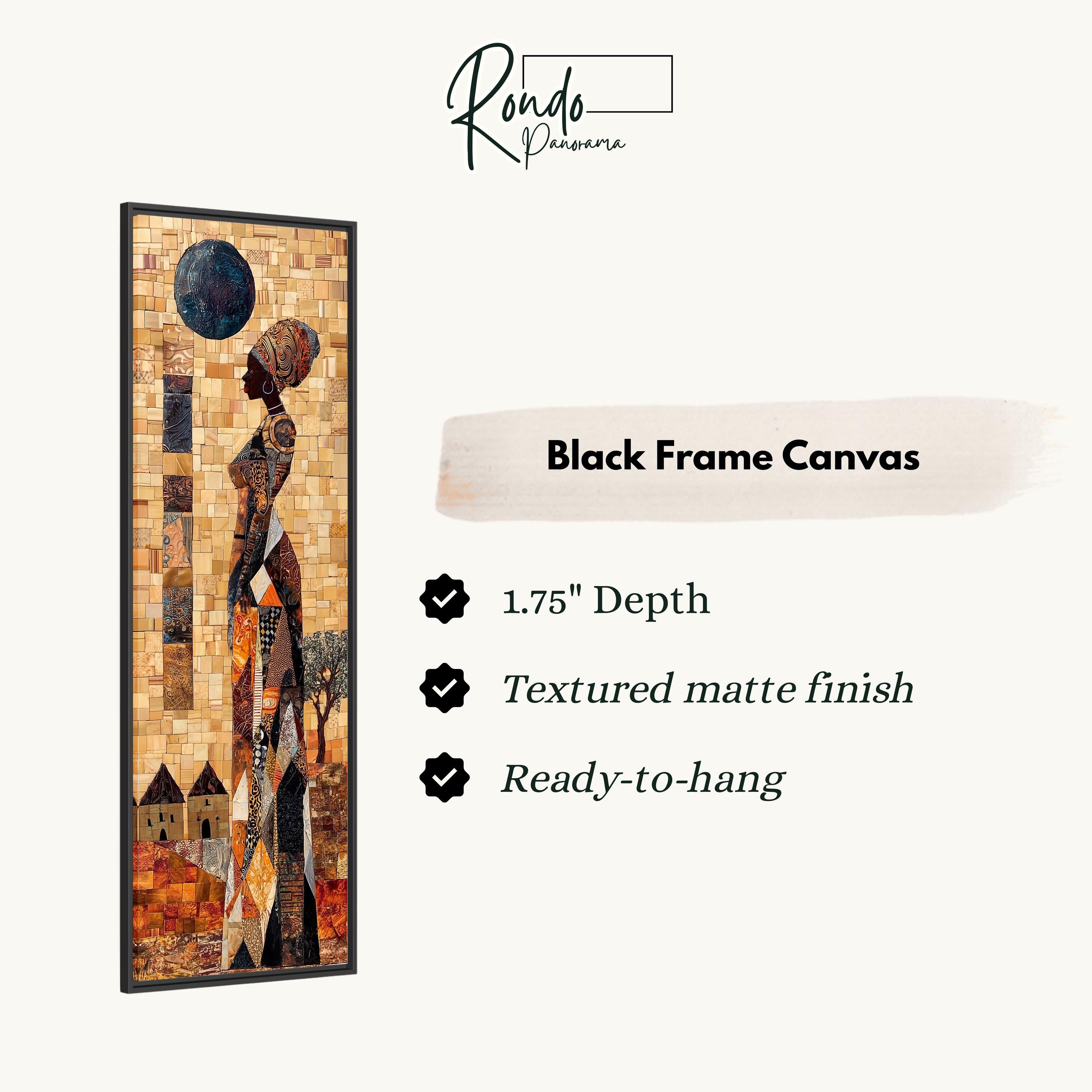 The image is a black frame canvas depicting a woman with a headdress, possibly African, standing in front of a mosaic background.