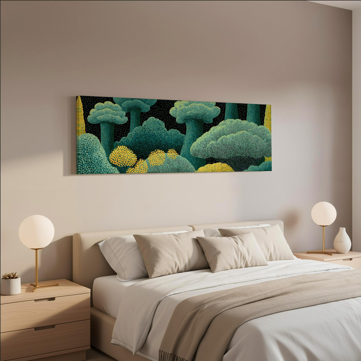 Teal dotted treetops wide panoramic canvas print above a bed in a neutral bedroom