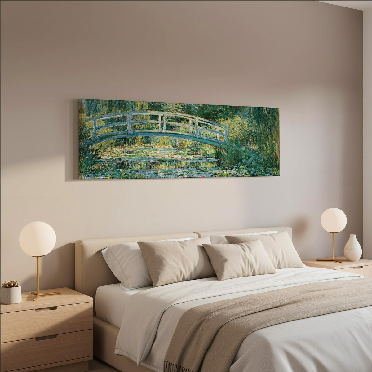 Japanese bridge over a water lily pond wide panoramic canvas print above a bed in a neutral bedroom