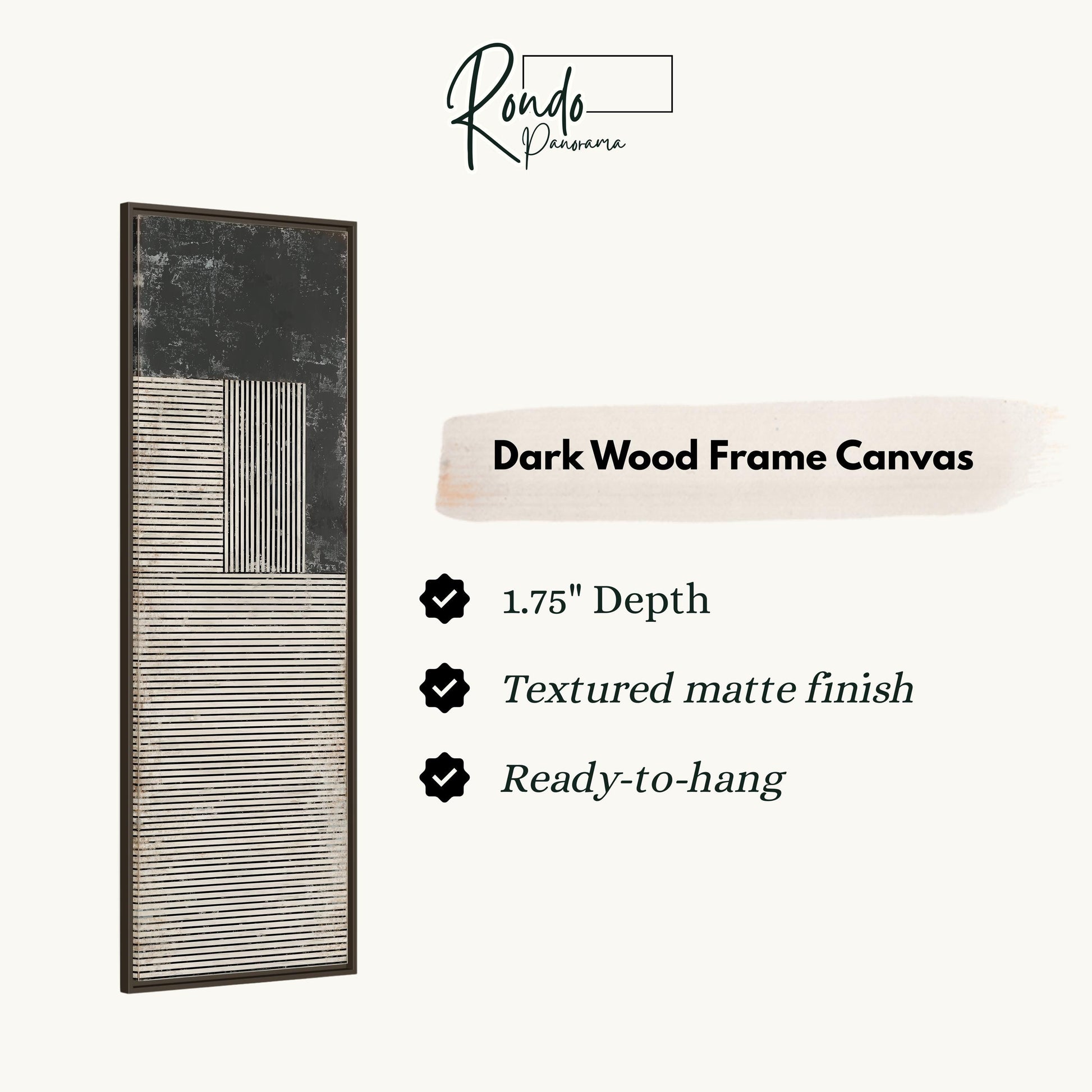 The image is a product description for a dark wood frame canvas. It features a black and white striped design and provides details about the product, including its dimensions, finish, and hanging capabilities.