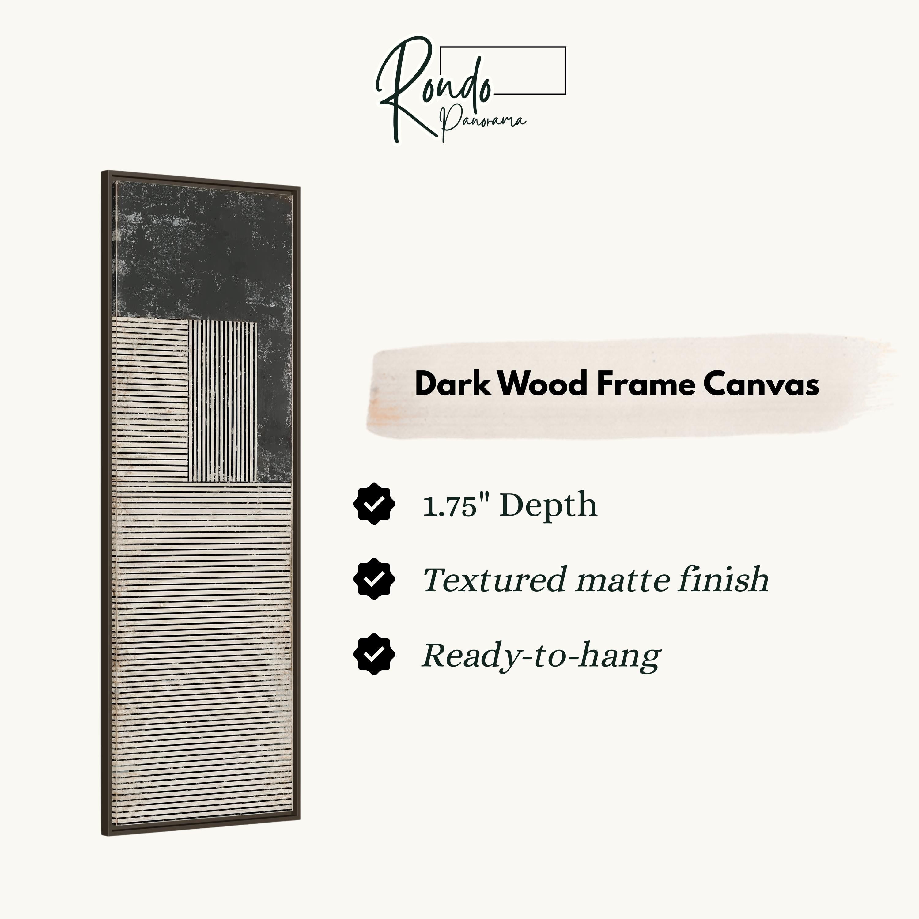 The image is a product description for a dark wood frame canvas. It features a black and white striped design and provides details about the product, including its dimensions, finish, and hanging capabilities.