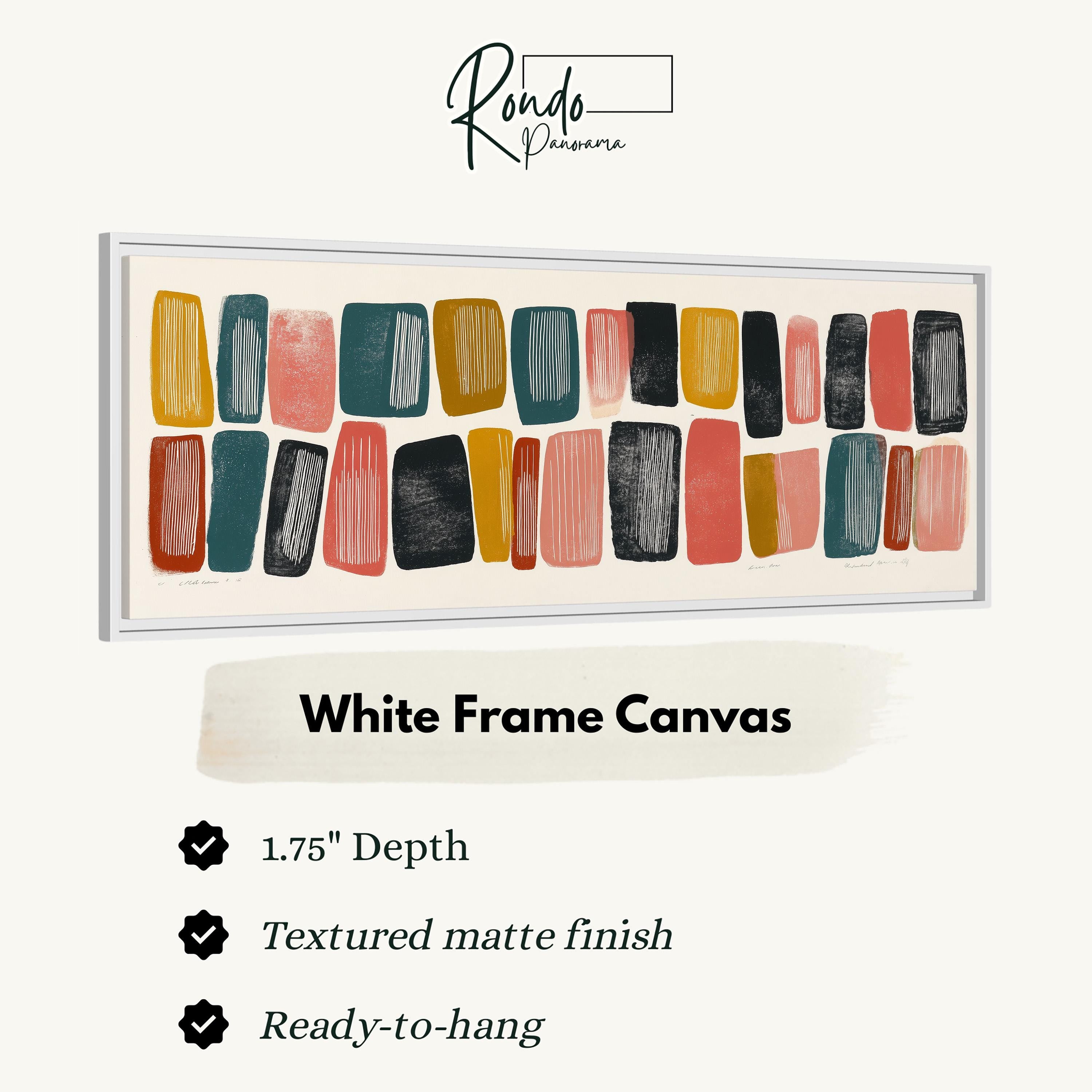 The image is a product description for a white frame canvas. It features a 1.75" depth, a textured matte finish, and is ready-to-hang.