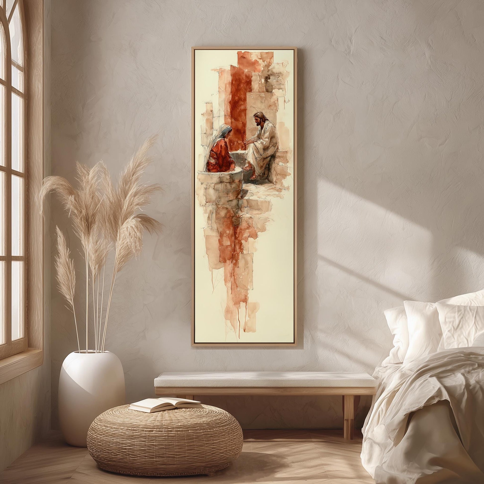 a large painting hanging on a wall in a minimalist living room setting.