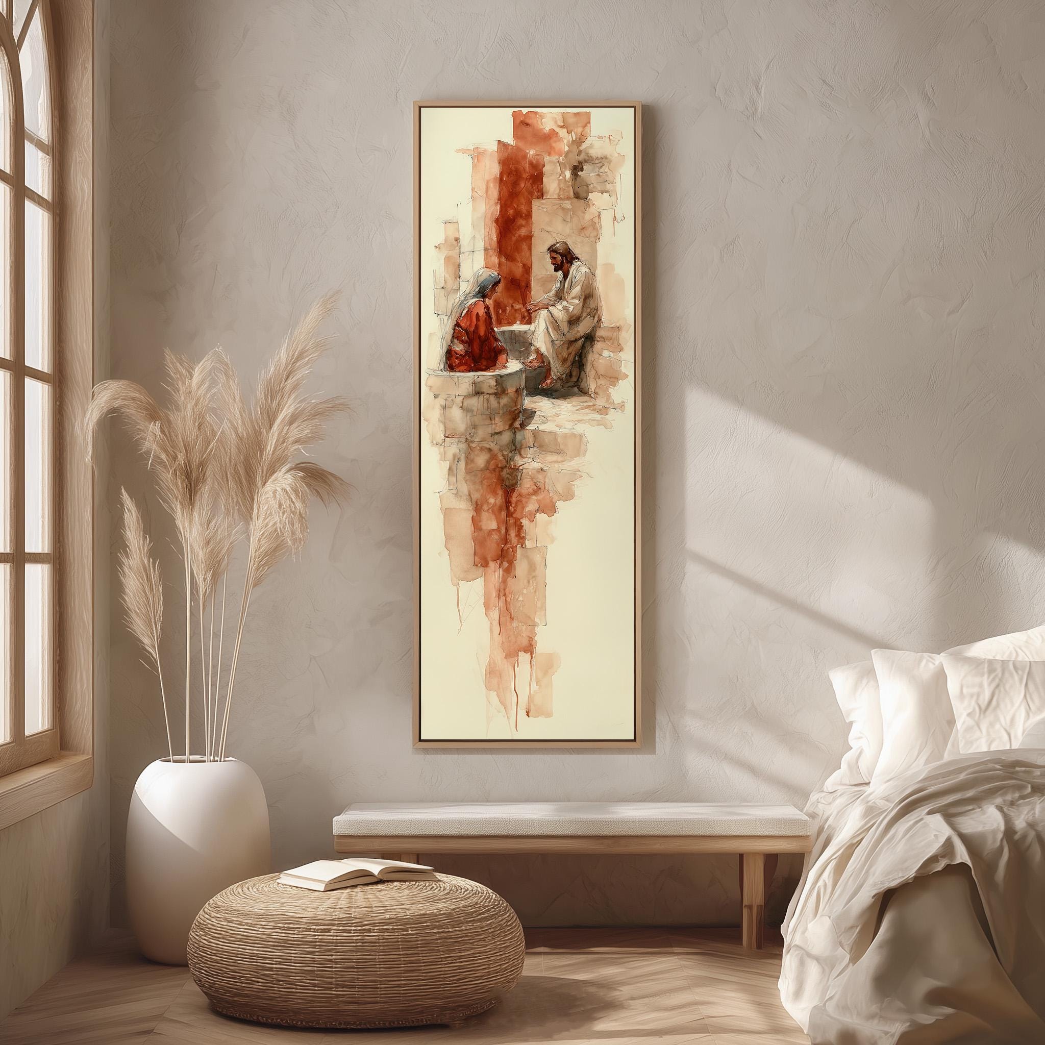 a large painting hanging on a wall in a minimalist living room setting.
