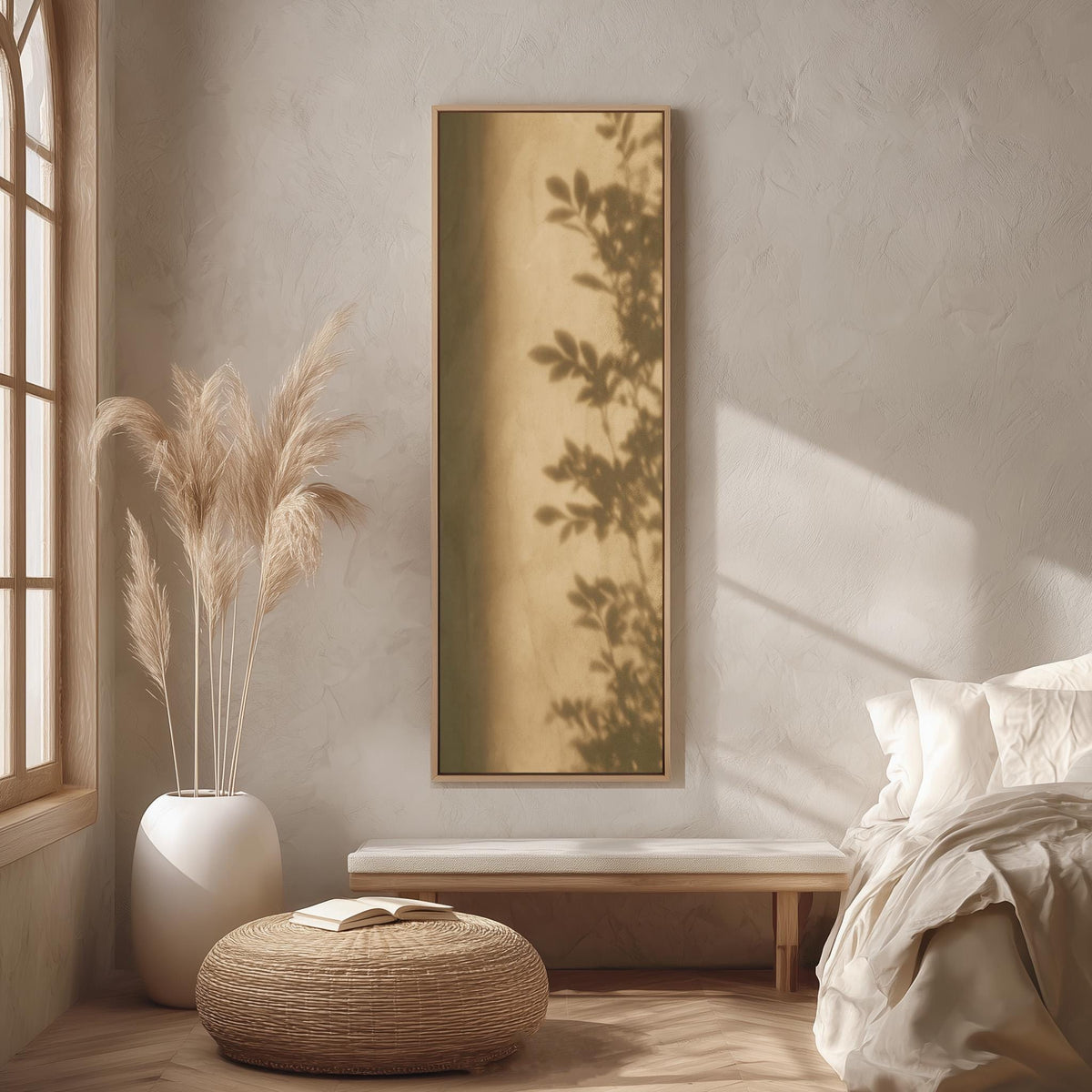 Eucalyptus leaf shadow on a sepia wall long vertical canvas print in a sunlit living space
