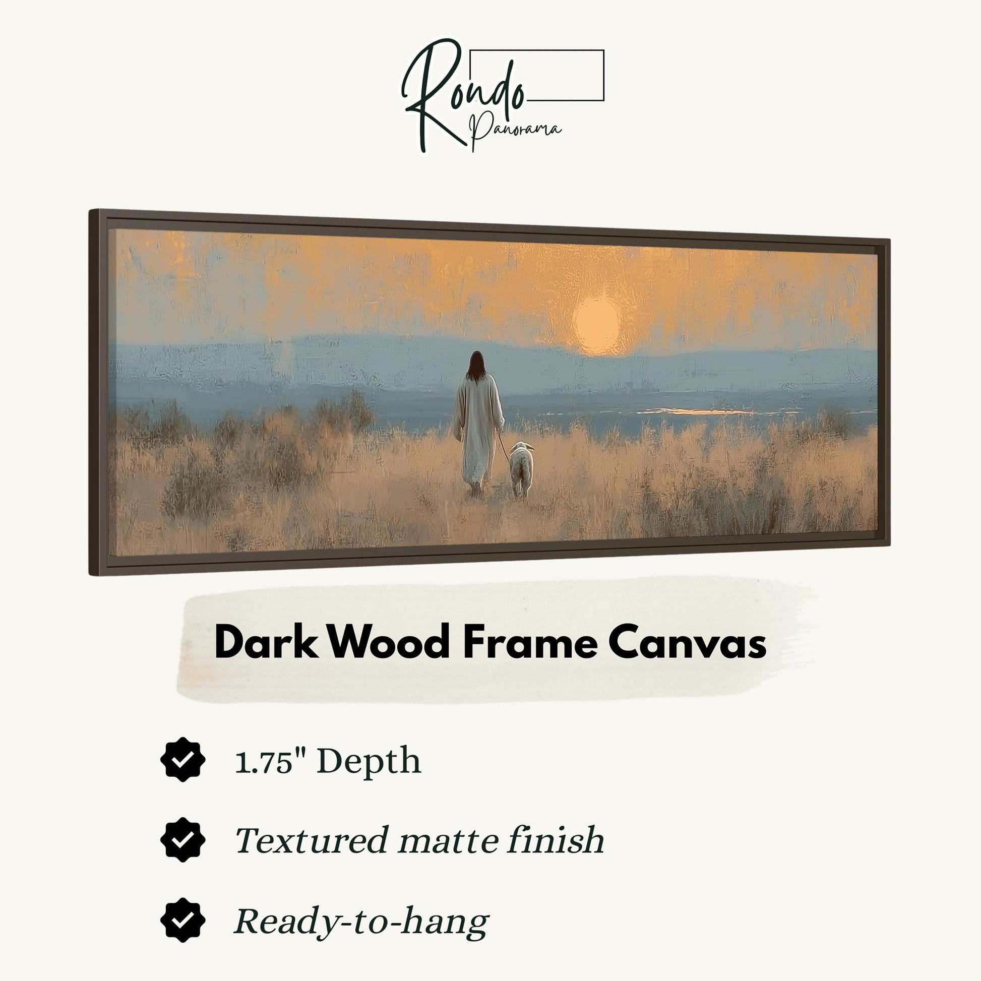 The image is a framed painting depicting a person walking a dog in a field with a sunset in the background.