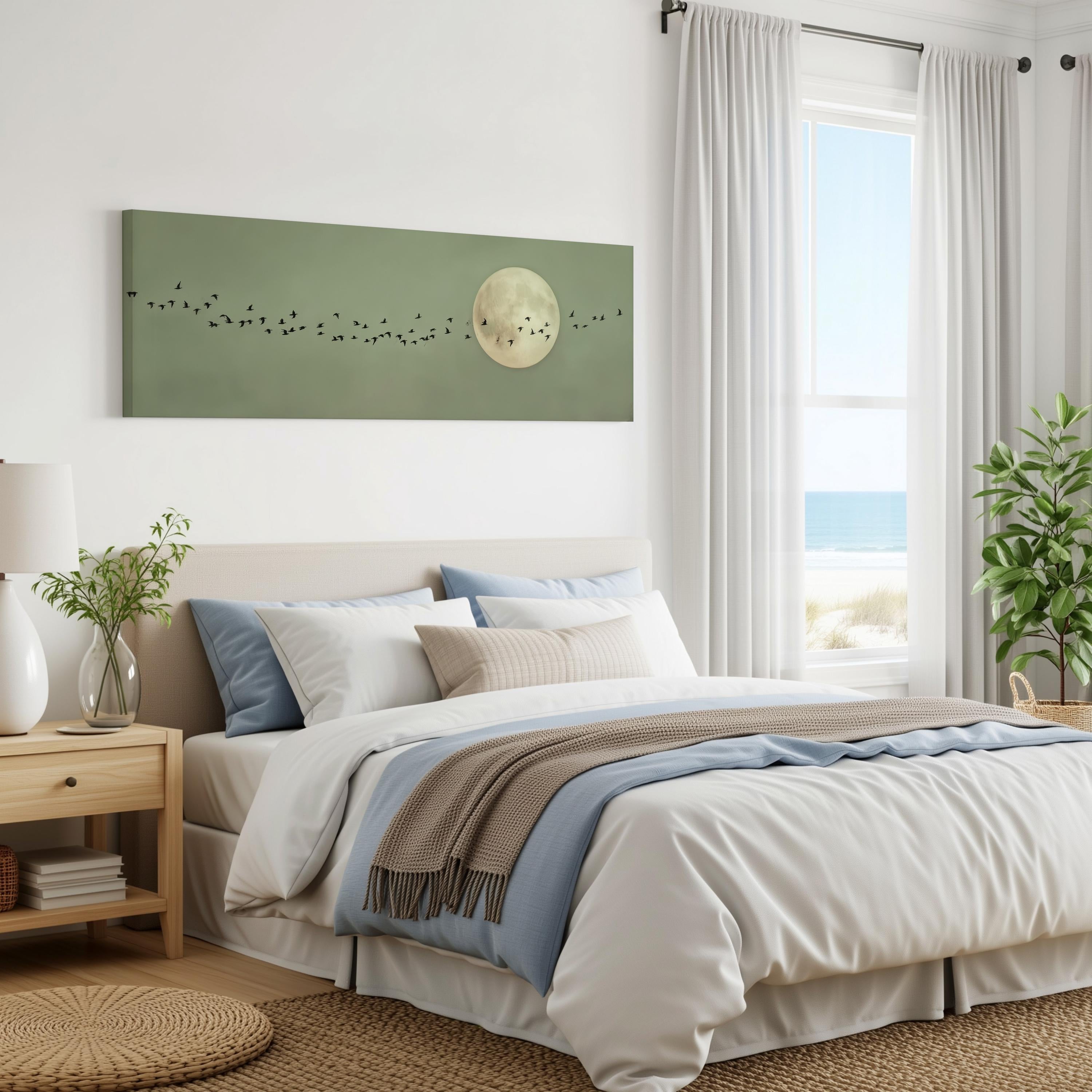 a serene bedroom with a large bed, a nightstand, and a painting of a moon and birds on the wall. The room has a calming and peaceful atmosphere, with natural light coming in through the window and a view of the ocean.
