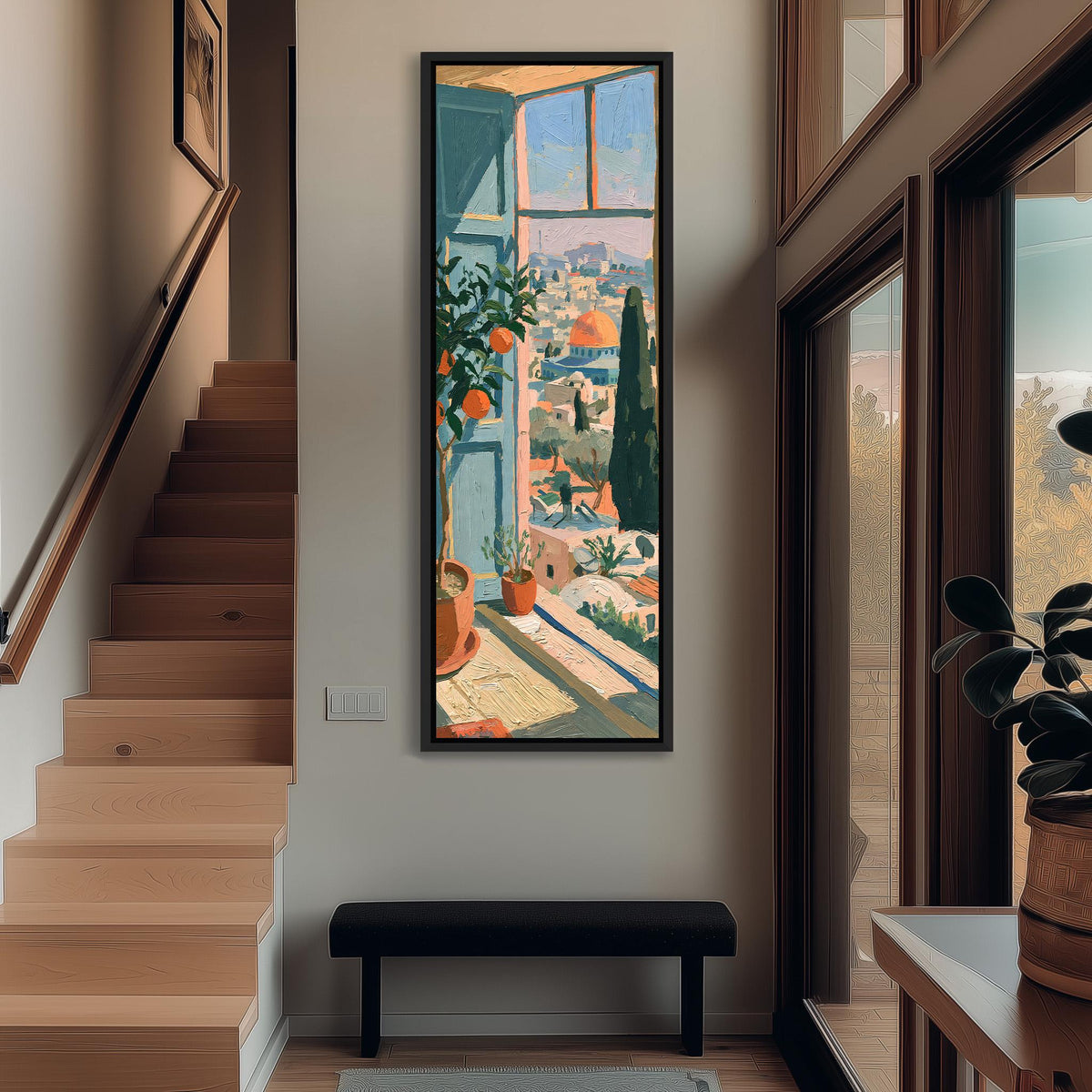 Window view over an old city with an orange tree tall narrow canvas print beside a staircase in an entryway