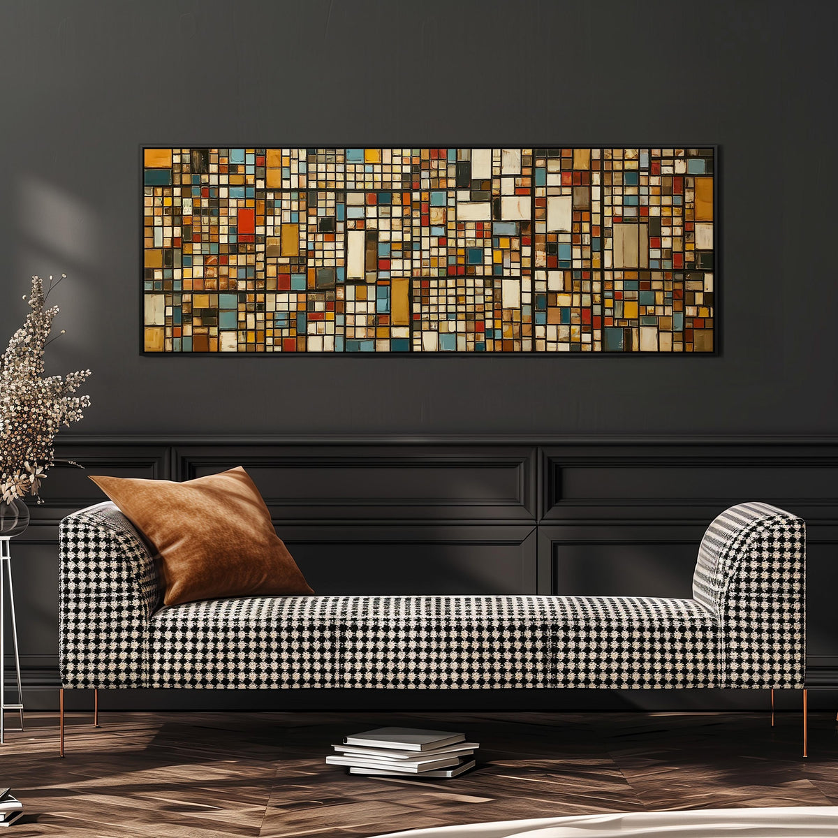 Ochre and blue mosaic tiles with red accents wide panoramic canvas print above a bench in a dark living room