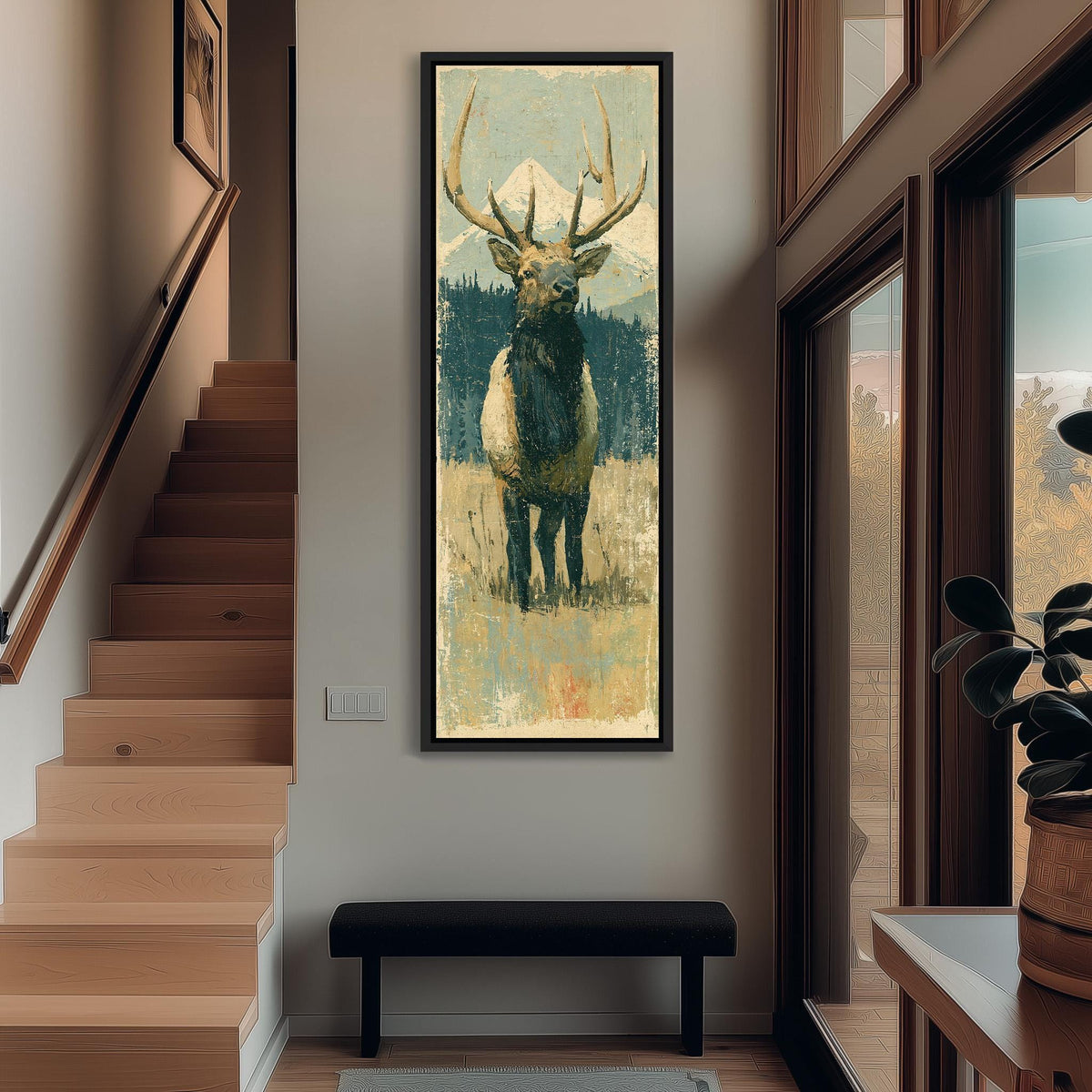 Rustic elk standing in an alpine meadow tall narrow canvas print beside a staircase in an entryway