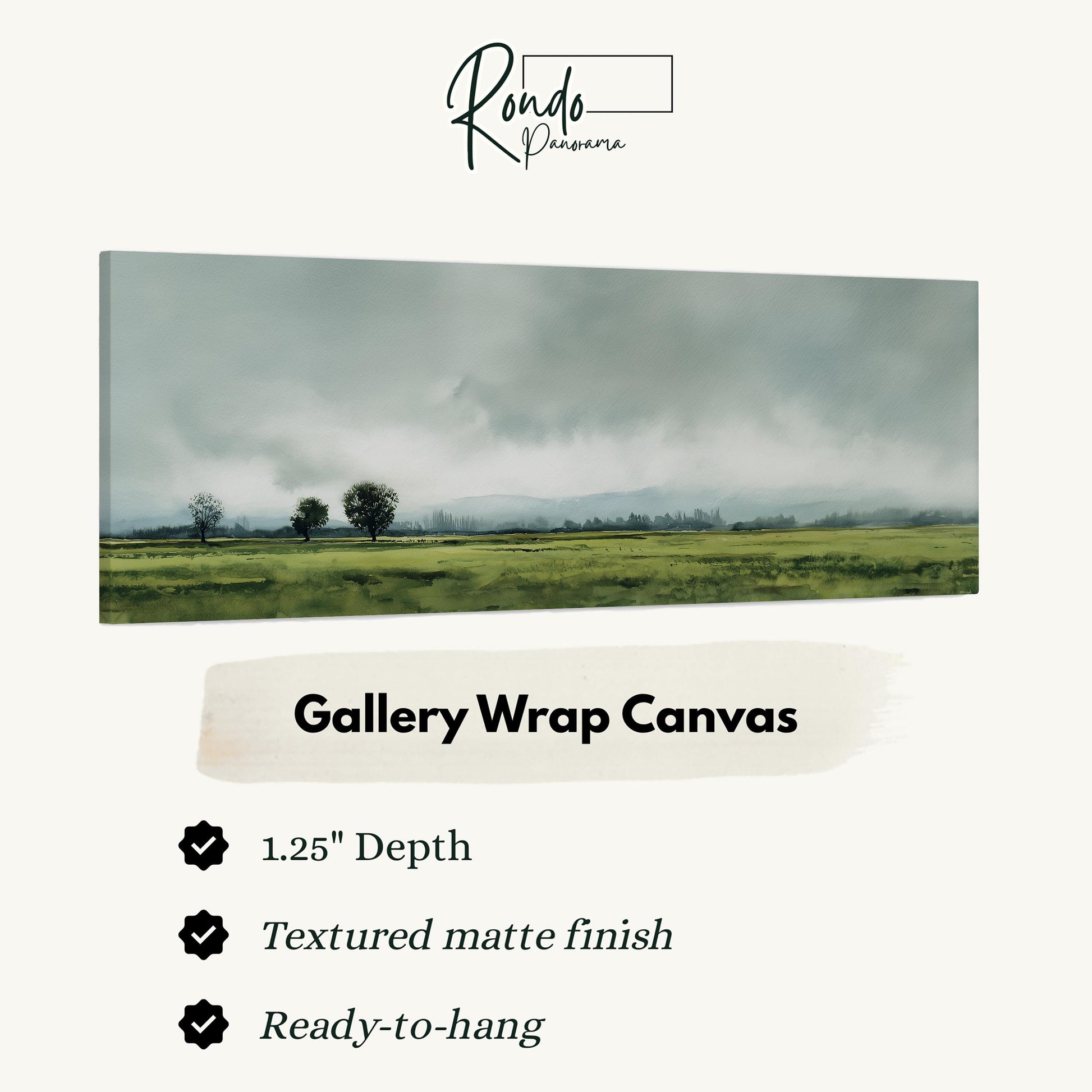 The image is a gallery wrap canvas featuring a landscape with a field and trees under a cloudy sky.