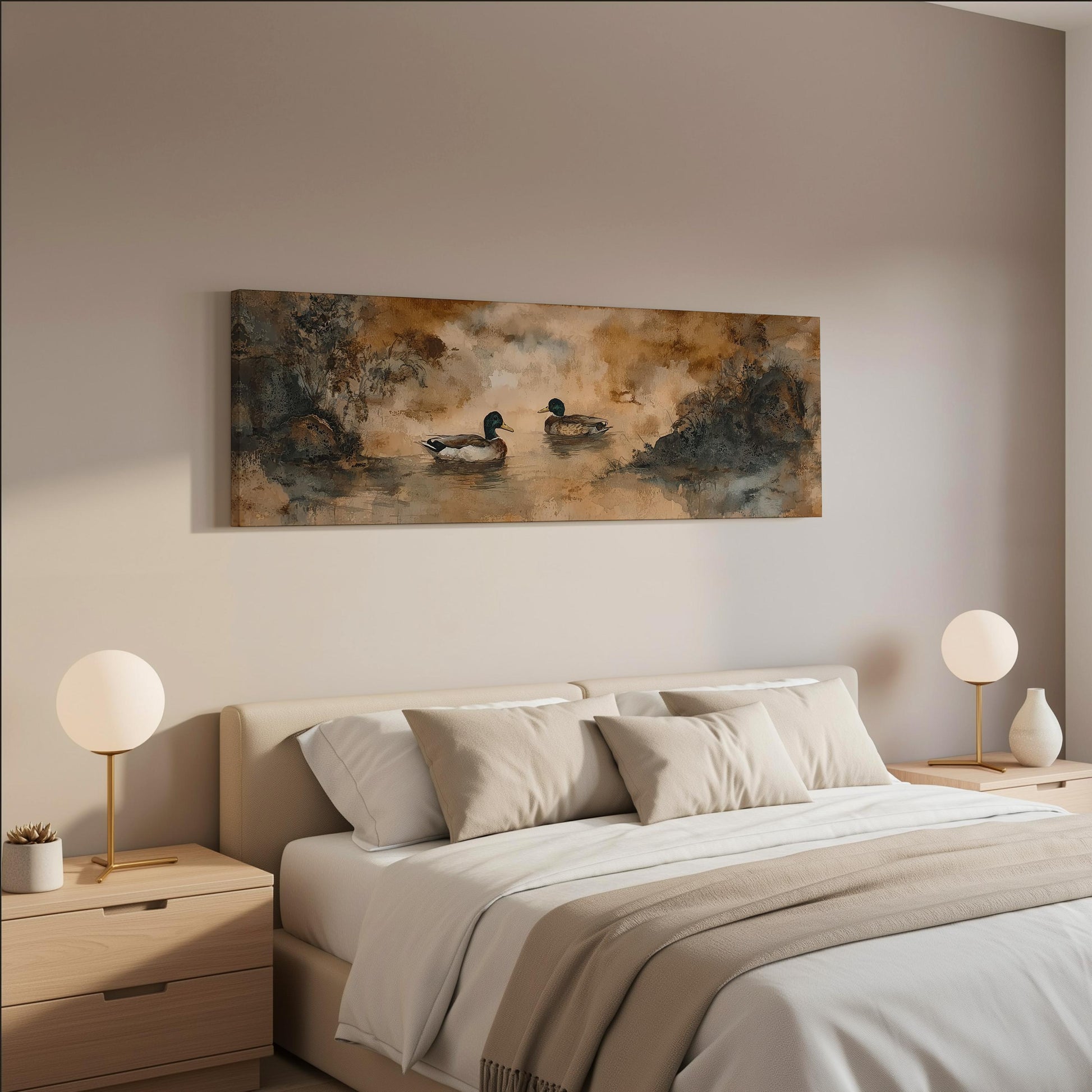a serene bedroom scene with a large bed, two nightstands with lamps, and a painting of ducks swimming in a pond hanging on the wall above the bed.