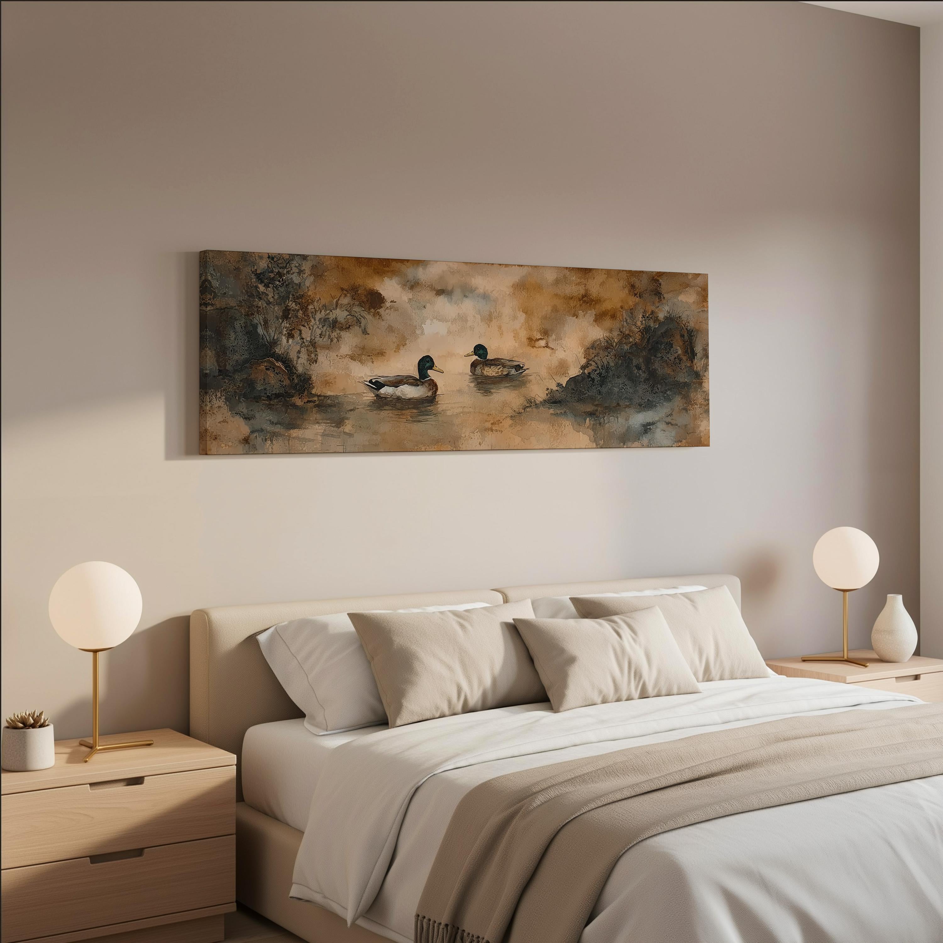 a serene bedroom scene with a large bed, two nightstands with lamps, and a painting of ducks swimming in a pond hanging on the wall above the bed.