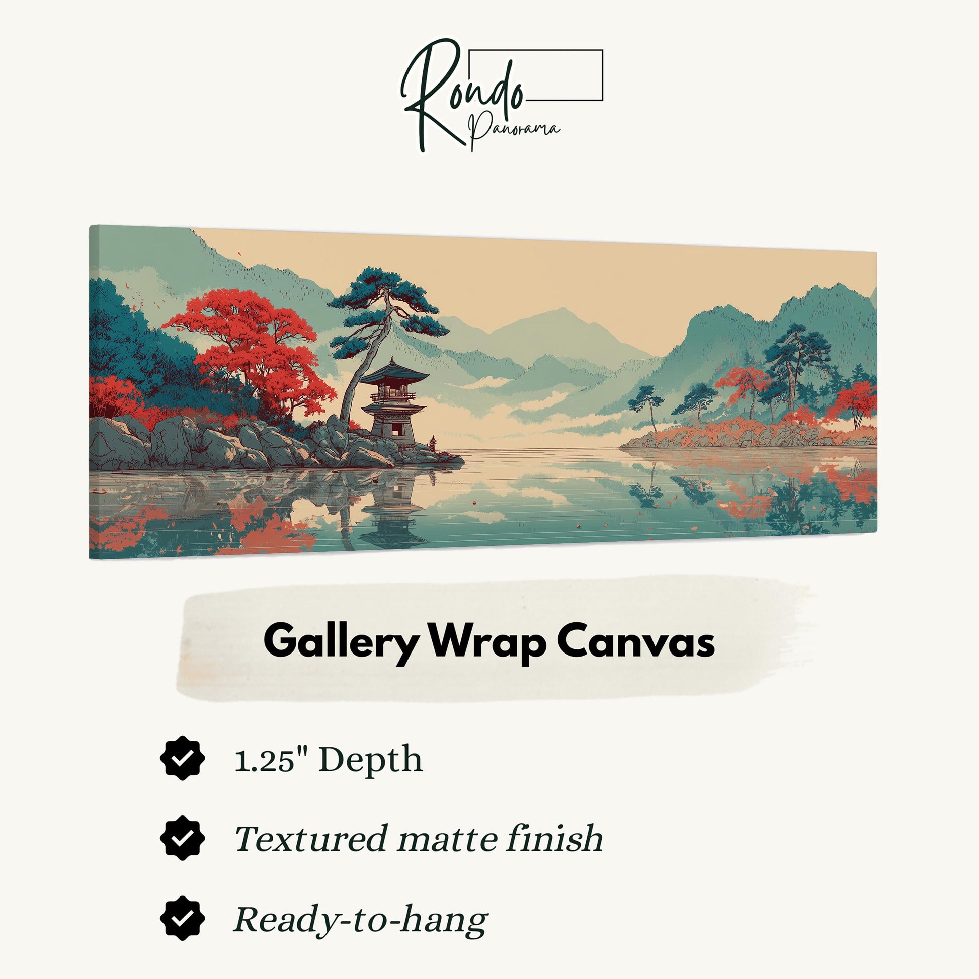 The image is a painting of a serene landscape with a temple, mountains, and trees.