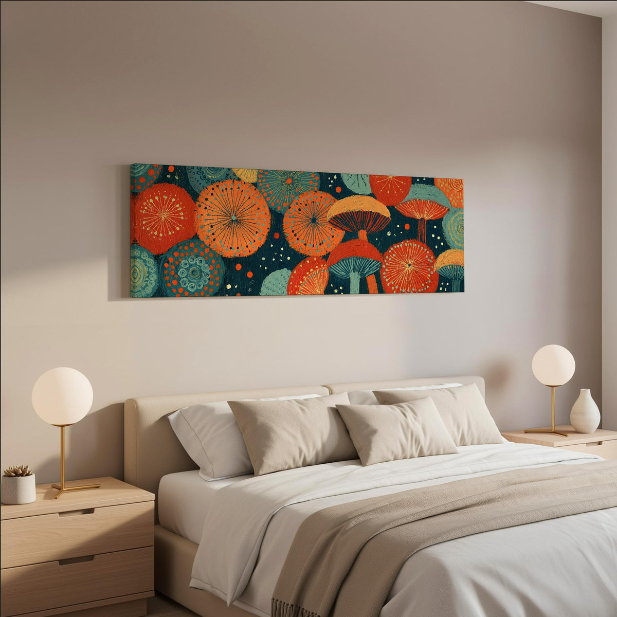 Orange and teal mushroom starburst wide panoramic canvas print above a bed in a neutral bedroom
