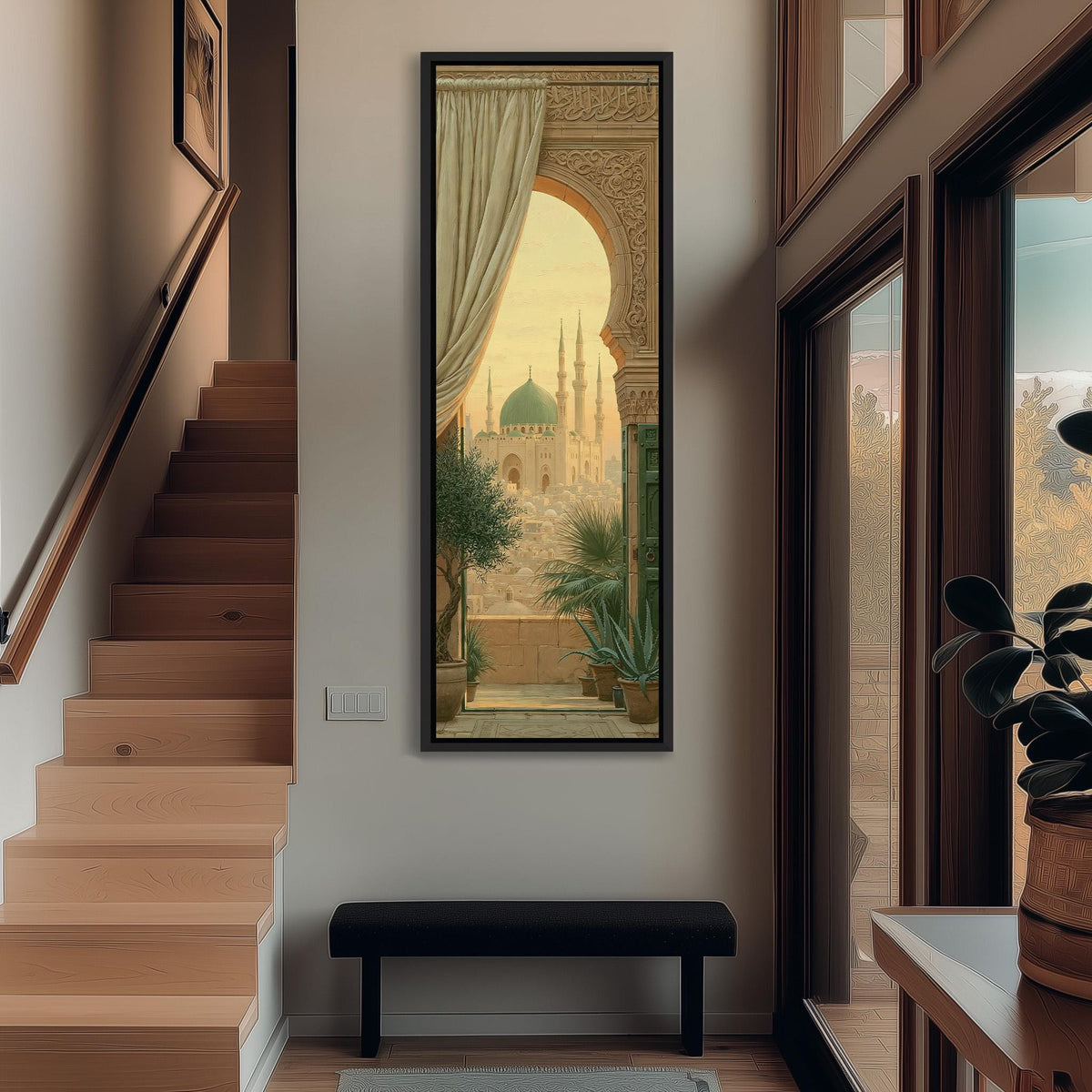 Mosque seen through an ornate arch tall narrow canvas print beside a staircase in an entryway