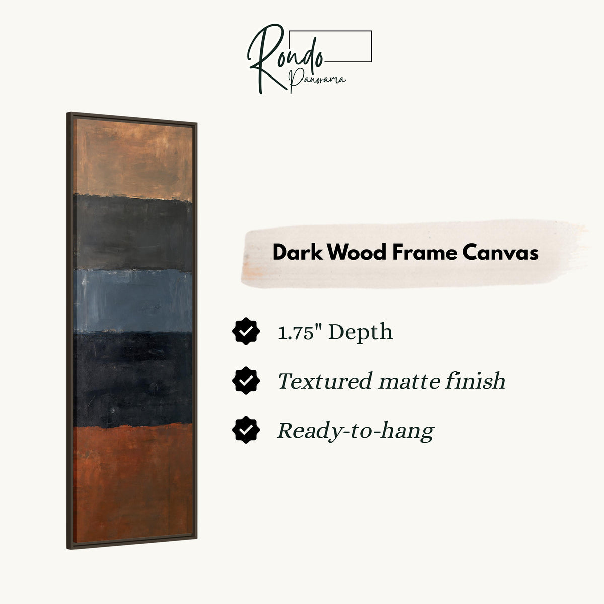 Moody color field bands in rust and navy canvas print in a dark wood floating frame
