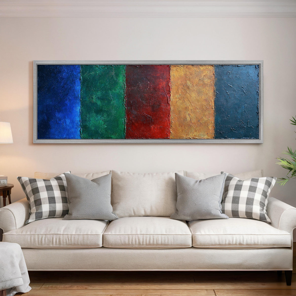 Textured jewel tone vertical bands wide panoramic canvas print above a bed in a bedroom