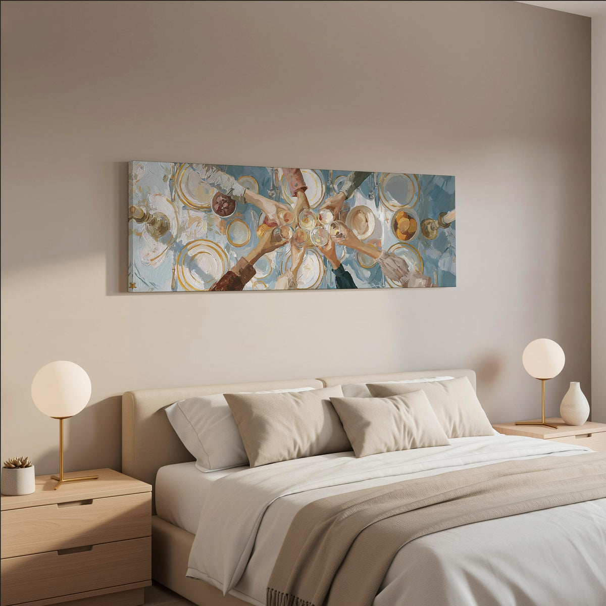 Elegant wine toast over a linen table wide panoramic canvas print above a bed in a neutral bedroom