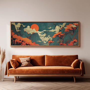 a large, colorful painting of a mountainous landscape with a prominent orange sun in the sky, hanging on a wall above a brown sofa.