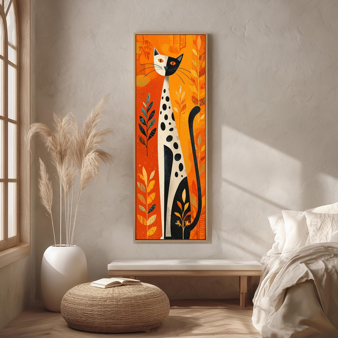 a large, colorful painting of a cat with a predominantly orange and black color scheme, hanging on a wall in a room with a wooden floor and a white bed.