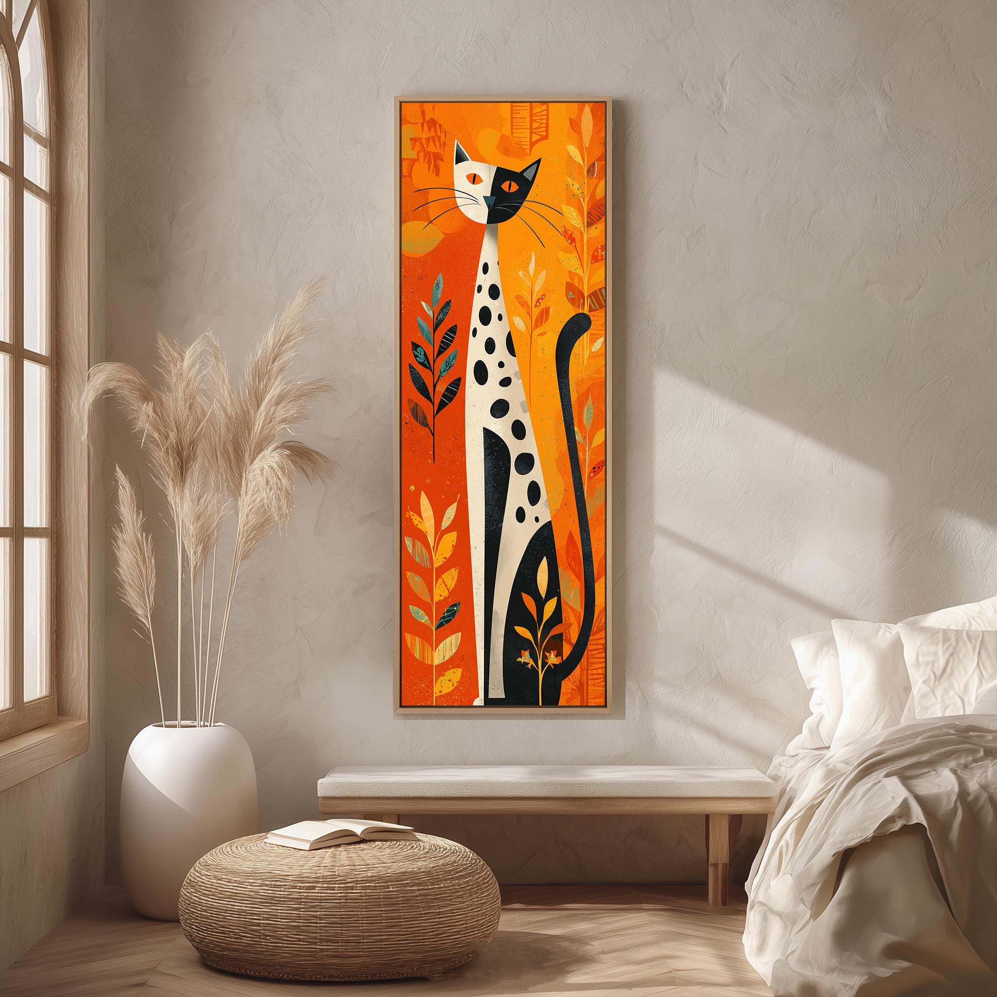 a large, colorful painting of a cat with a predominantly orange and black color scheme, hanging on a wall in a room with a wooden floor and a white bed.