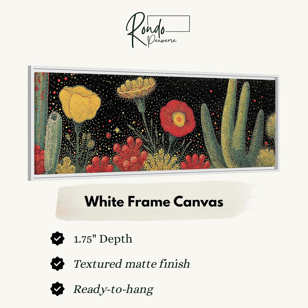 Desert blooms and cacti on black canvas print in a white floating frame