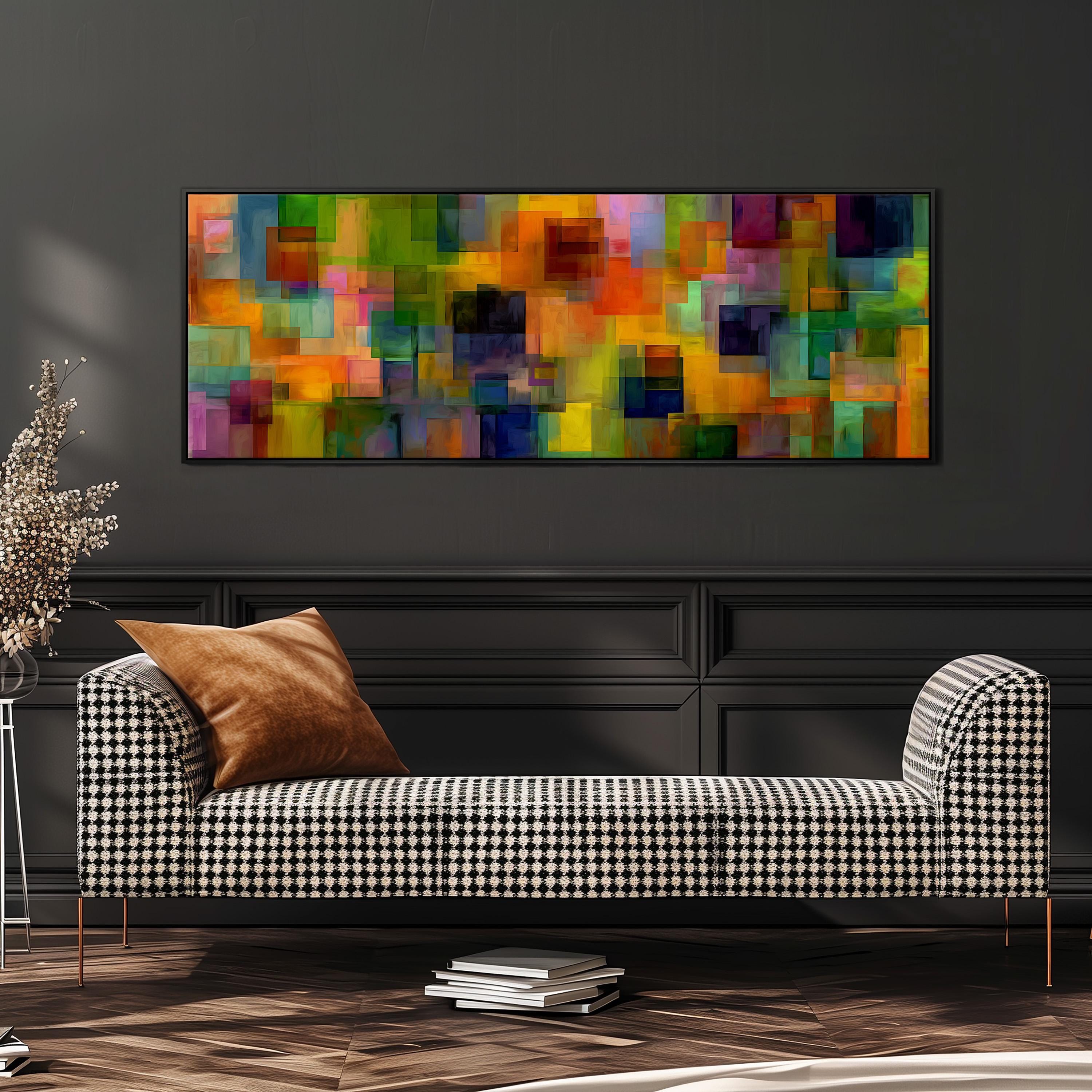 a modern living room with a black and white checkered sofa, a stack of books, and a large abstract painting hanging on the wall above the sofa.