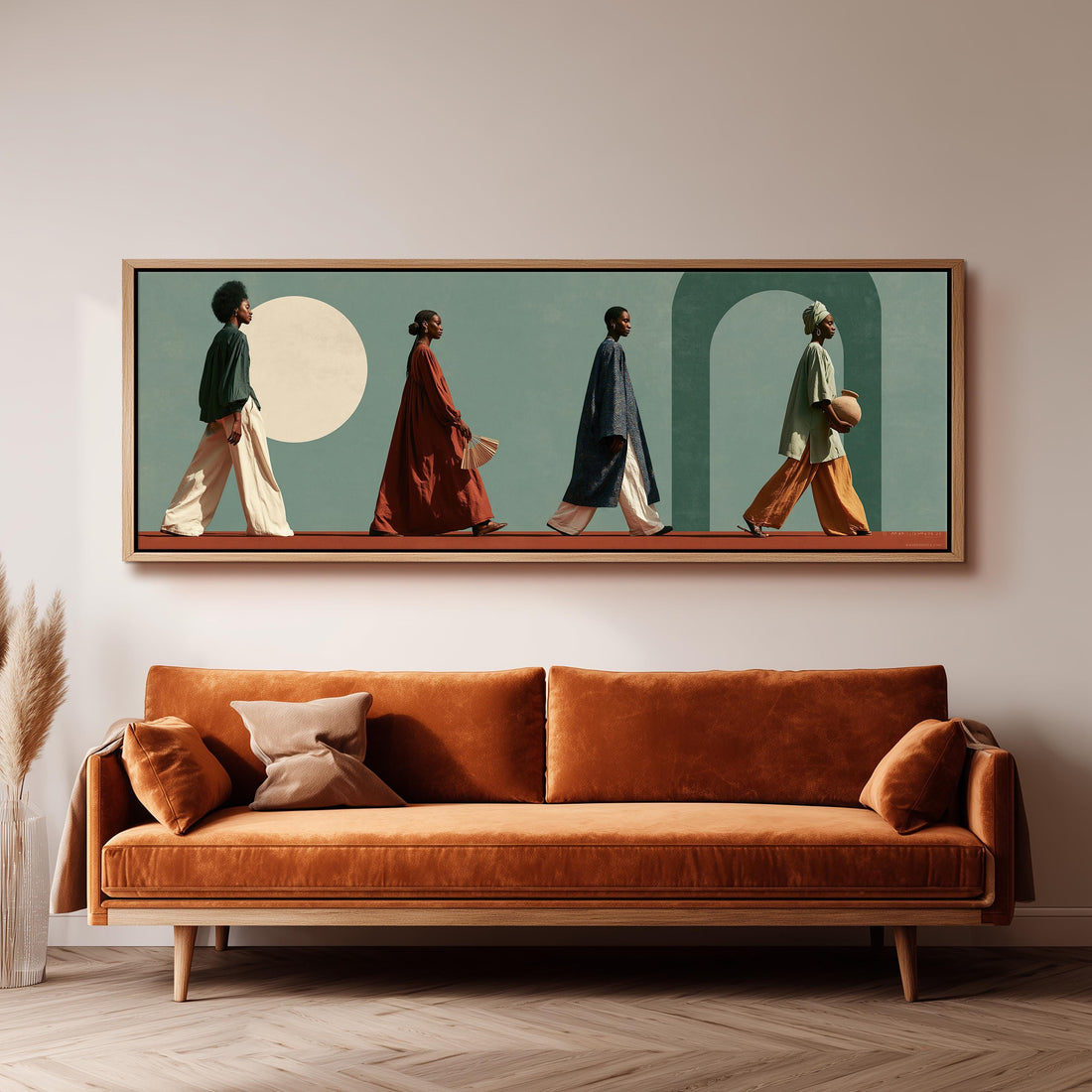 Women walking past arches and a pale moon long horizontal canvas print above a sofa in a living room