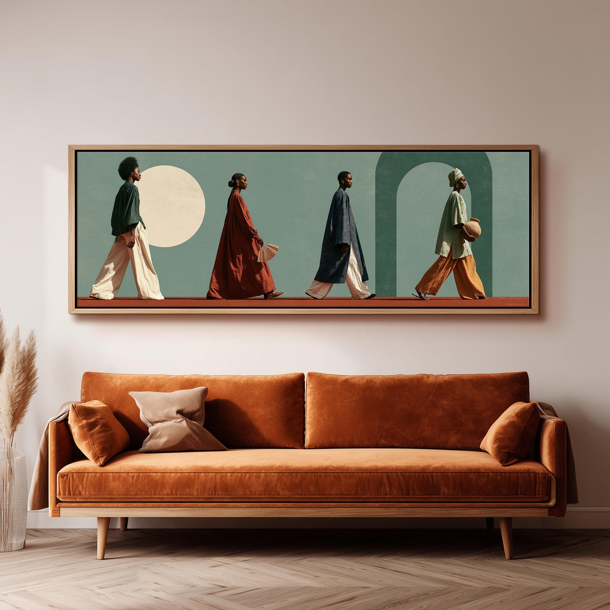 Women walking past arches and a pale moon long horizontal canvas print above a sofa in a living room