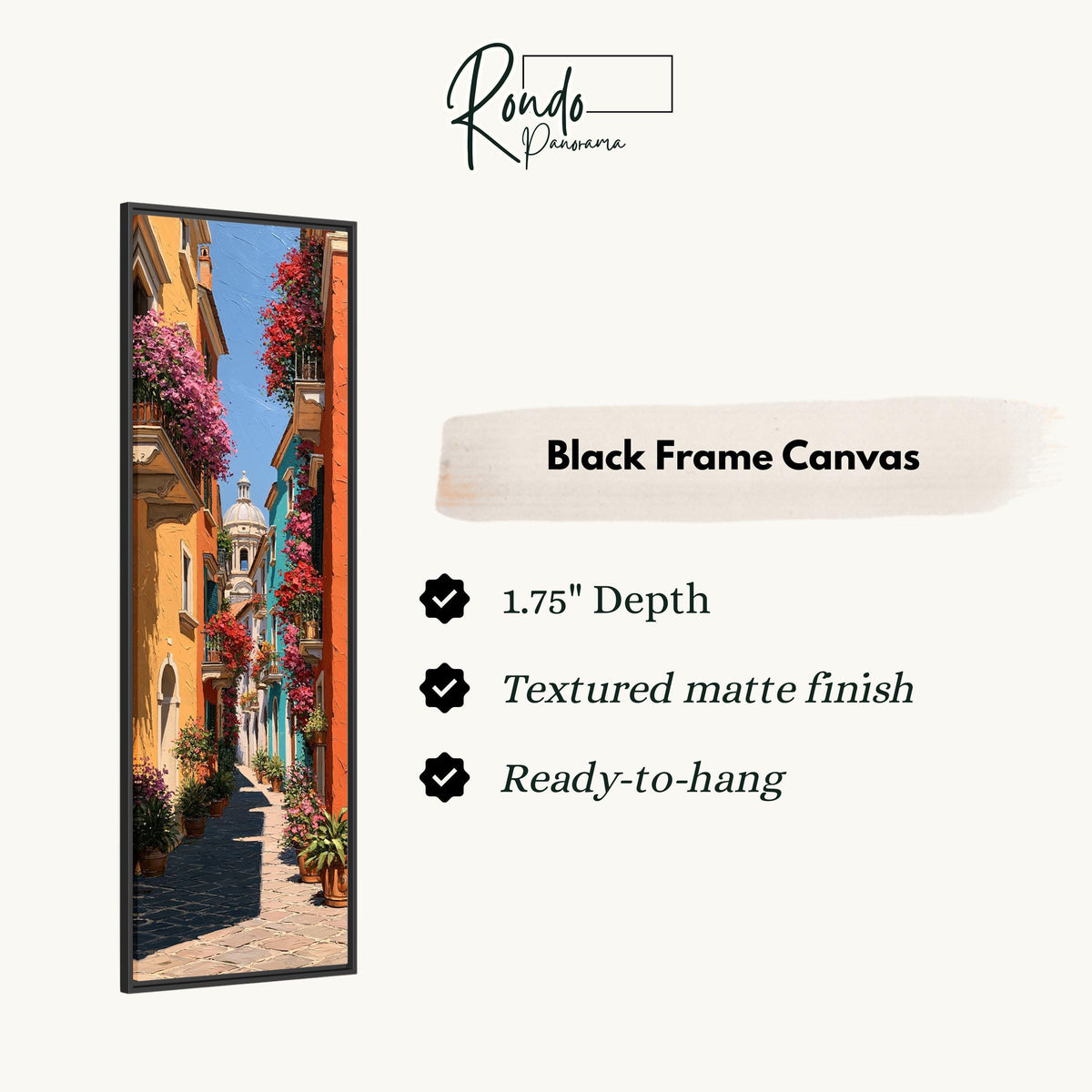 Colorful street with flowered balconies canvas print in a black floating frame