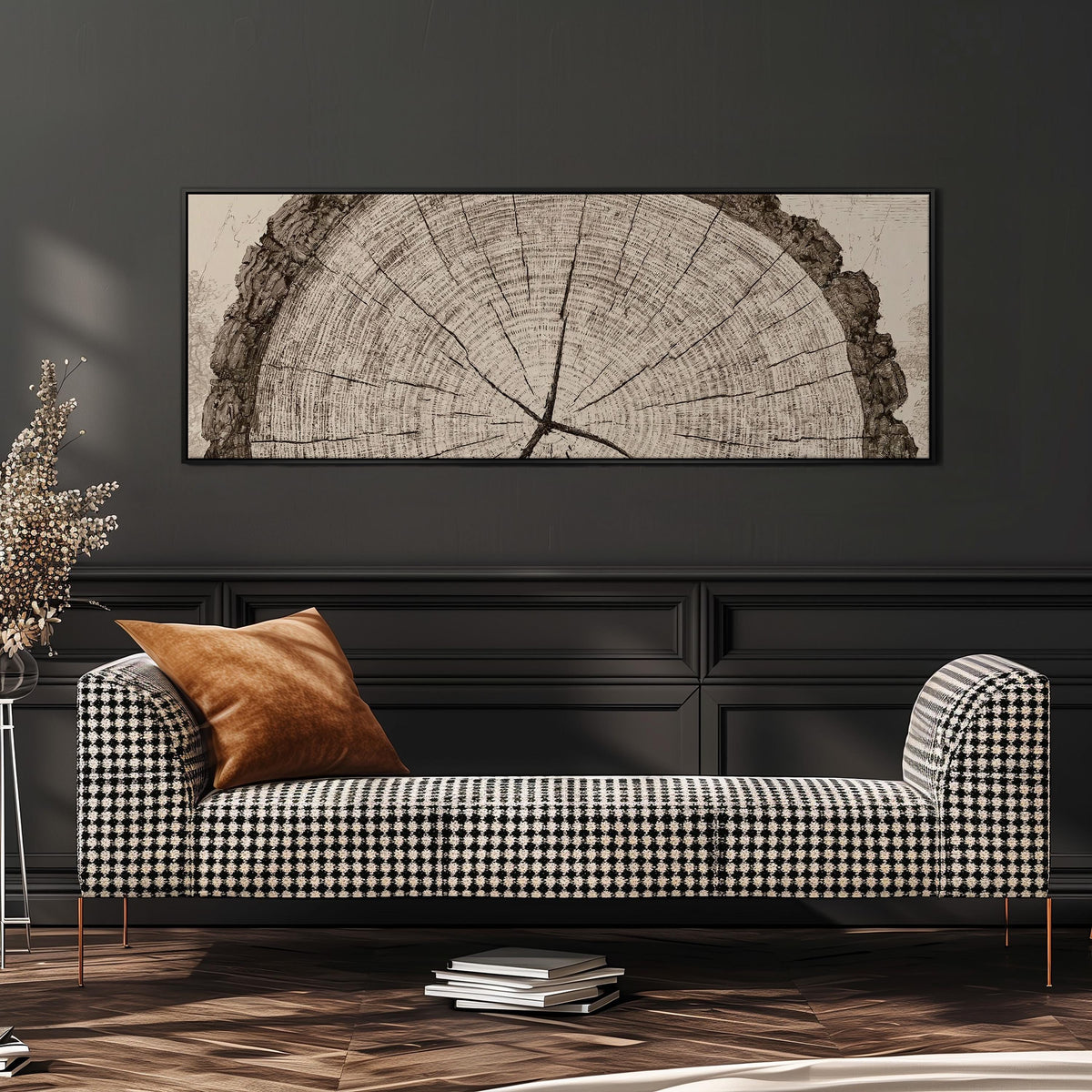Sepia tree ring with radial cracks wide panoramic canvas print above a bench in a dark living room