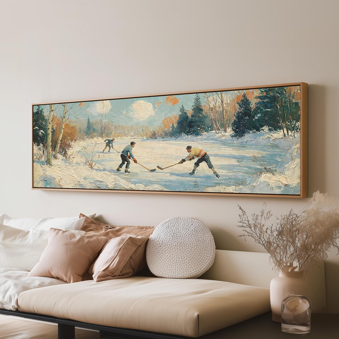 Vintage pond hockey game long horizontal canvas print above a sofa in a living room