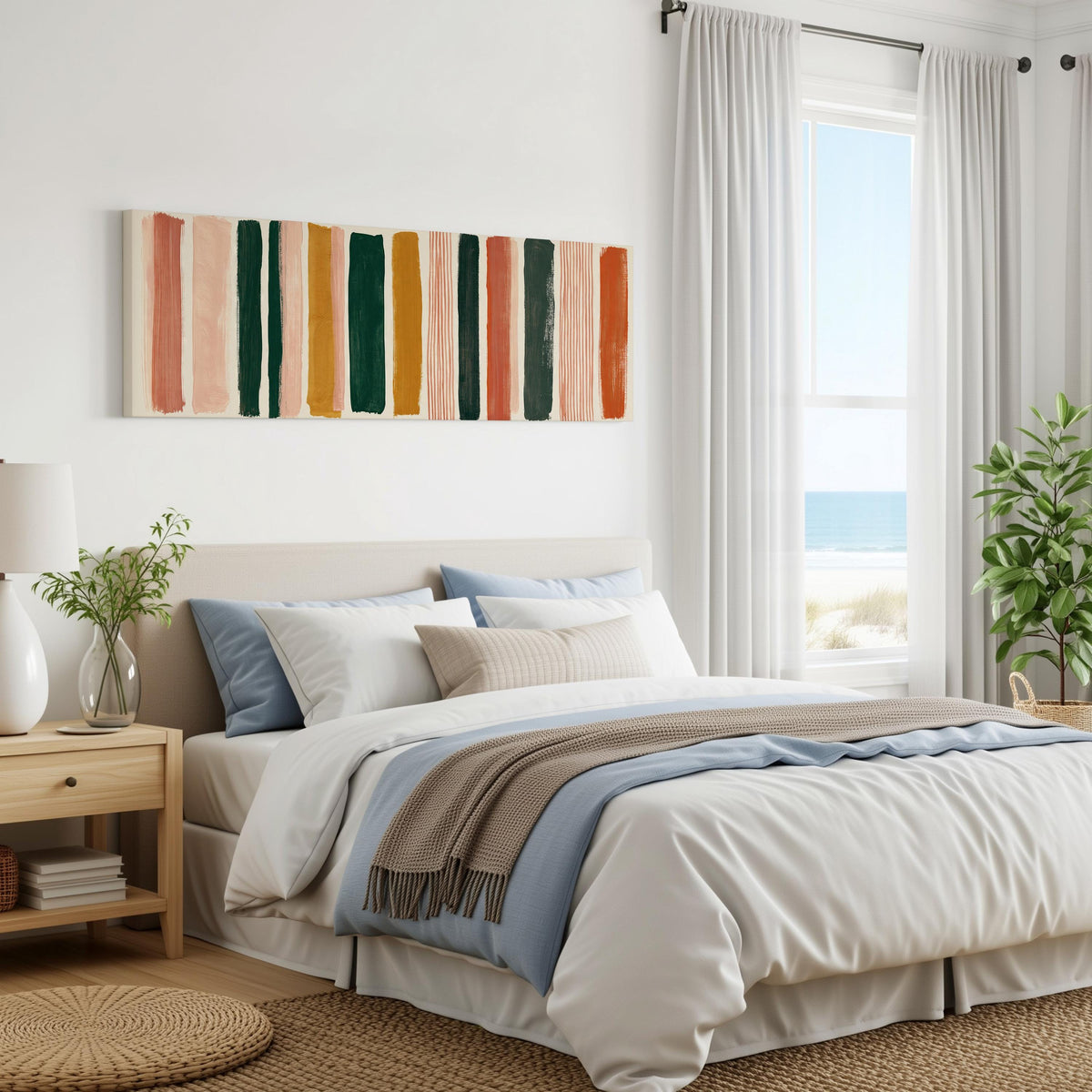 Mixed stripe blocks in terracotta, pink and green panoramic canvas print above a bed in a coastal bedroom